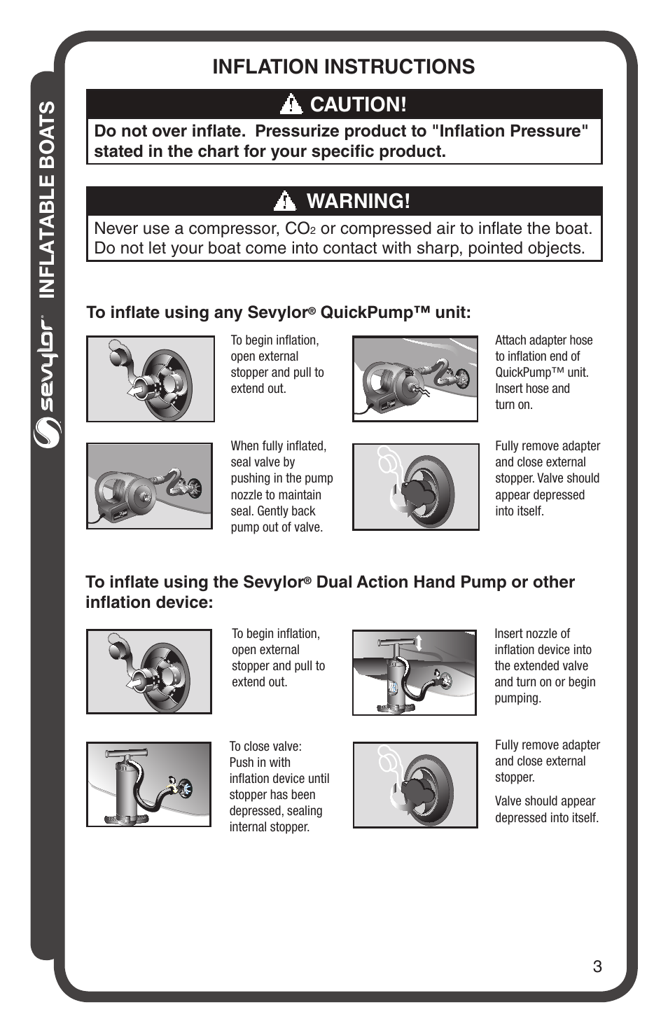 Inflatable boa ts, Inflation instructions, Caution | Warning | Sevylor Colossus 1 Person Boat User Manual | Page 3 / 12