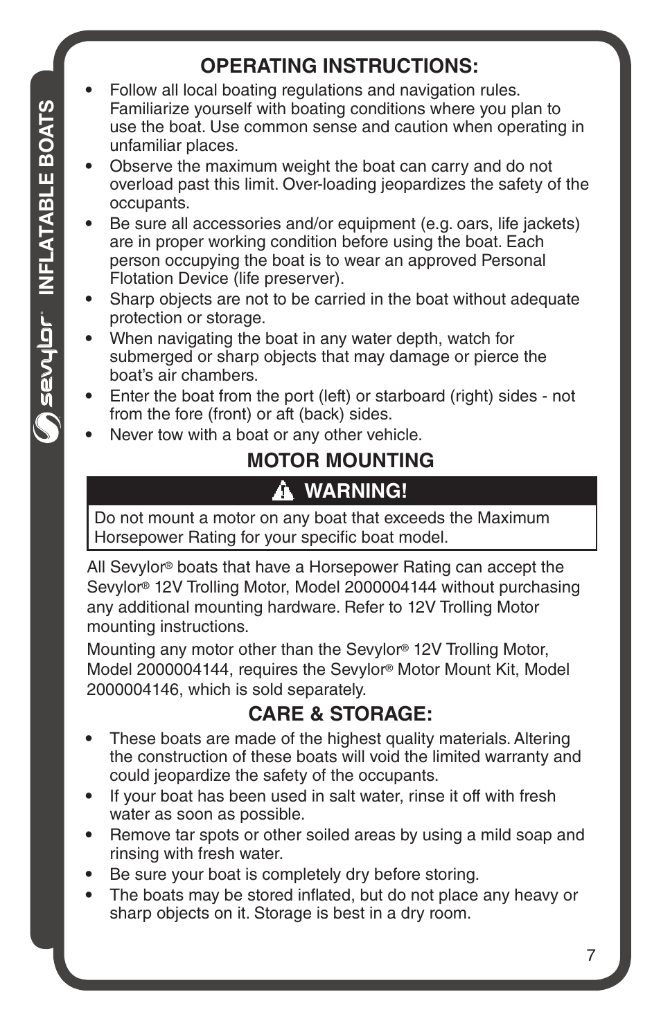 Inflatable boa ts, Care & storage, Operating instructions | Warning, Motor mounting | Sevylor Colossus 1 Person Boat User Manual | Page 7 / 12
