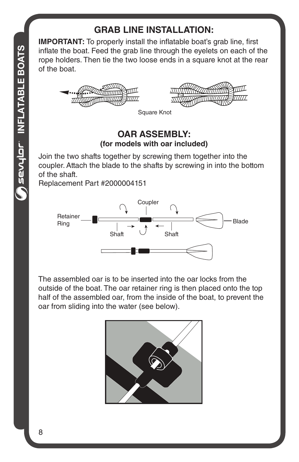 Inflatable boa ts, Grab line installation, Oar assembly | Sevylor Colossus 1 Person Boat User Manual | Page 8 / 12