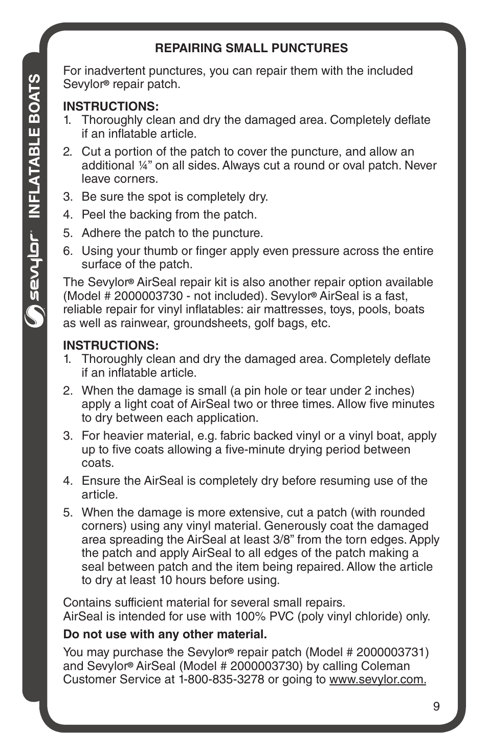 Inflatable boa ts | Sevylor Colossus 1 Person Boat User Manual | Page 9 / 12