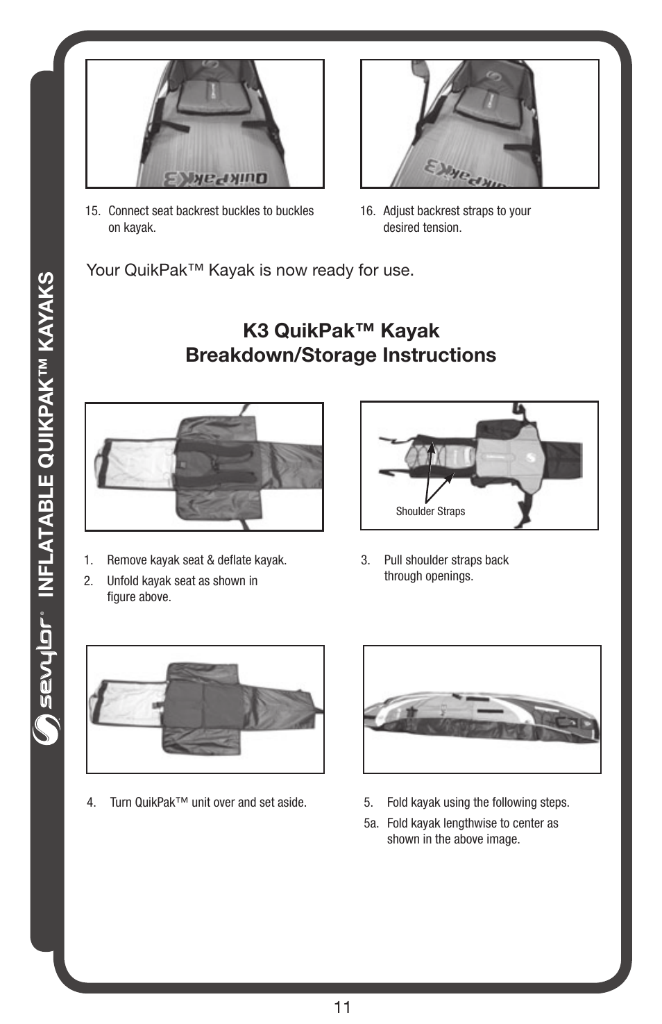 Inflatable quikp ak™ ka yaks, K3 quikpak™ kayak breakdown/storage instructions | Sevylor QuikPak K5 Kayak User Manual | Page 11 / 24
