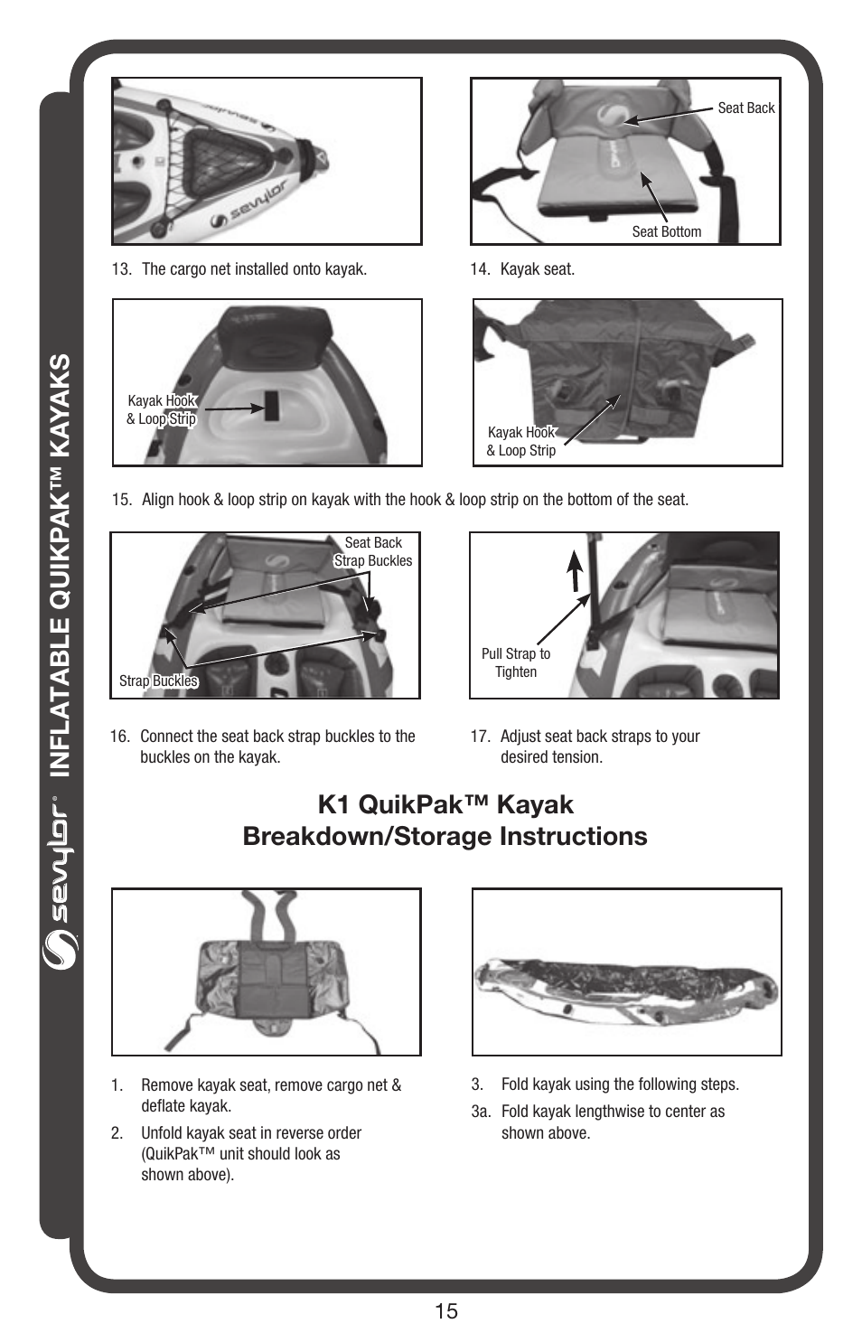 Inflatable quikp ak™ ka yaks, K1 quikpak™ kayak breakdown/storage instructions | Sevylor QuikPak K5 Kayak User Manual | Page 15 / 24