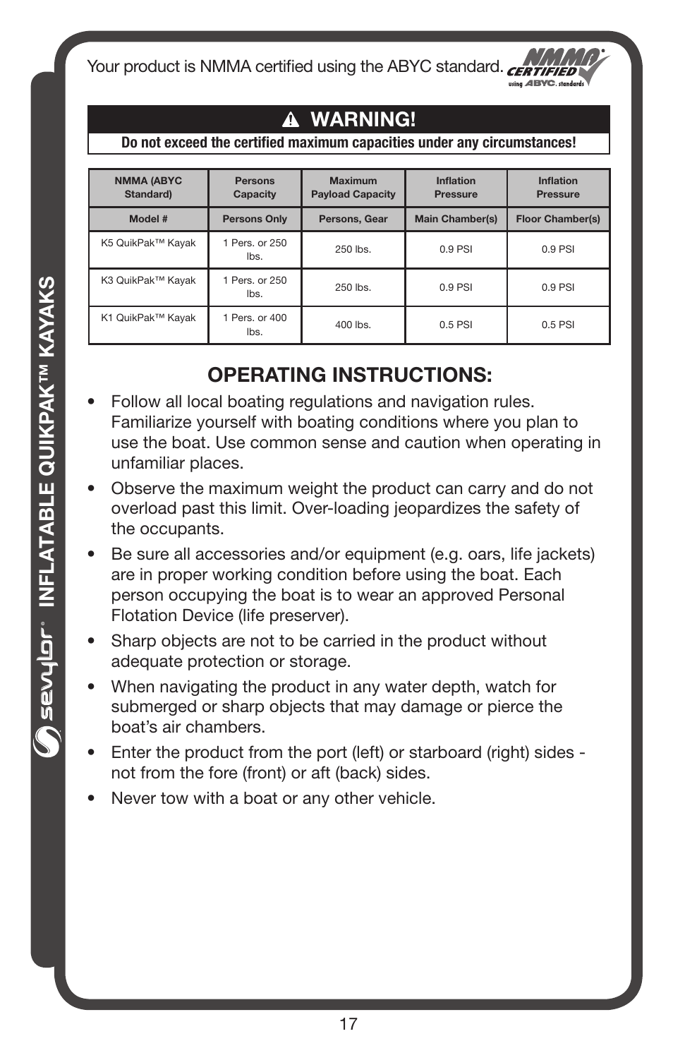 Inflatable quikp ak™ ka yaks, Operating instructions, Warning | Sevylor QuikPak K5 Kayak User Manual | Page 17 / 24