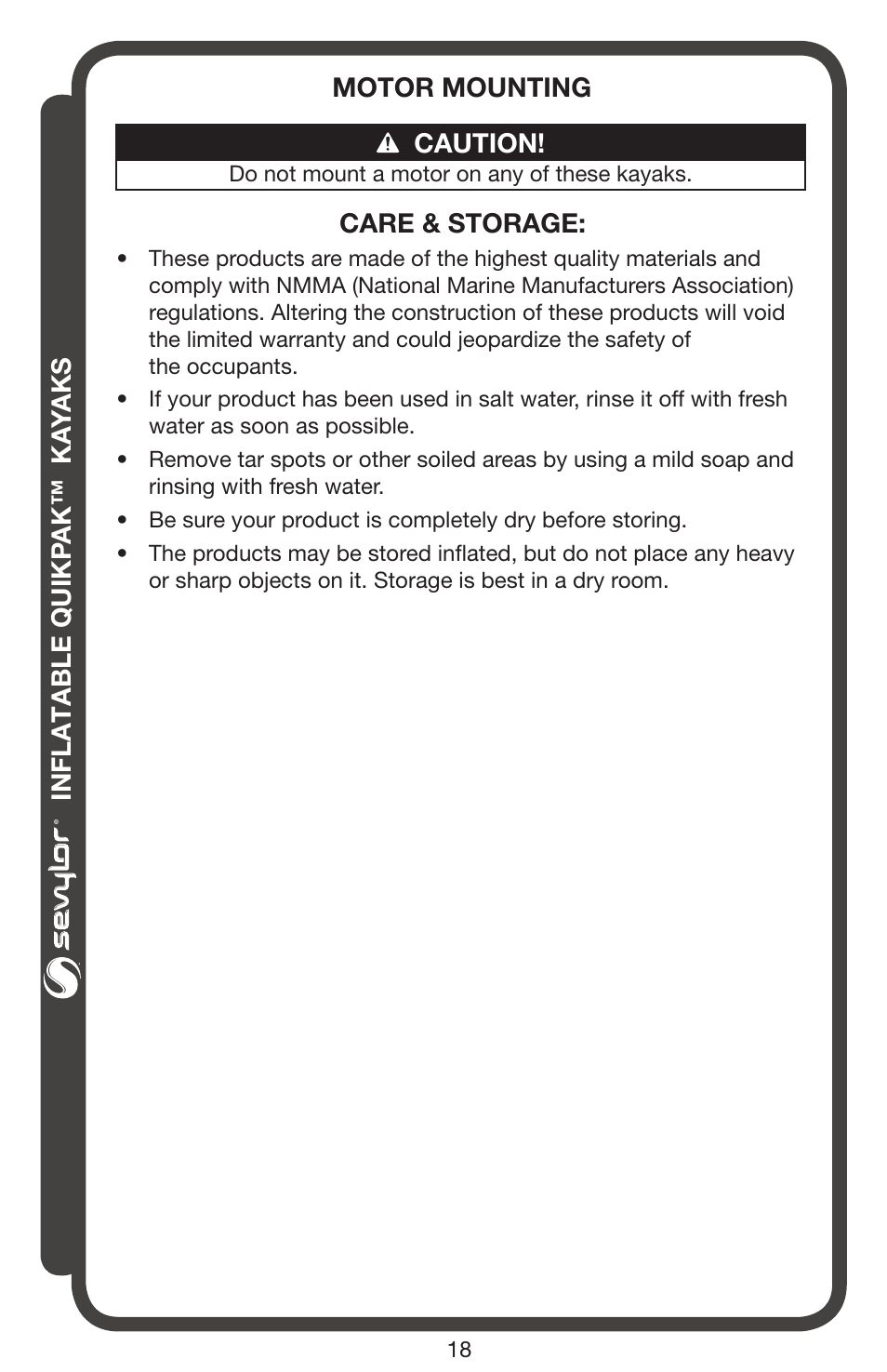 Inflatable quikp ak™ ka yaks, Care & storage, Motor mounting | Caution | Sevylor QuikPak K5 Kayak User Manual | Page 18 / 24