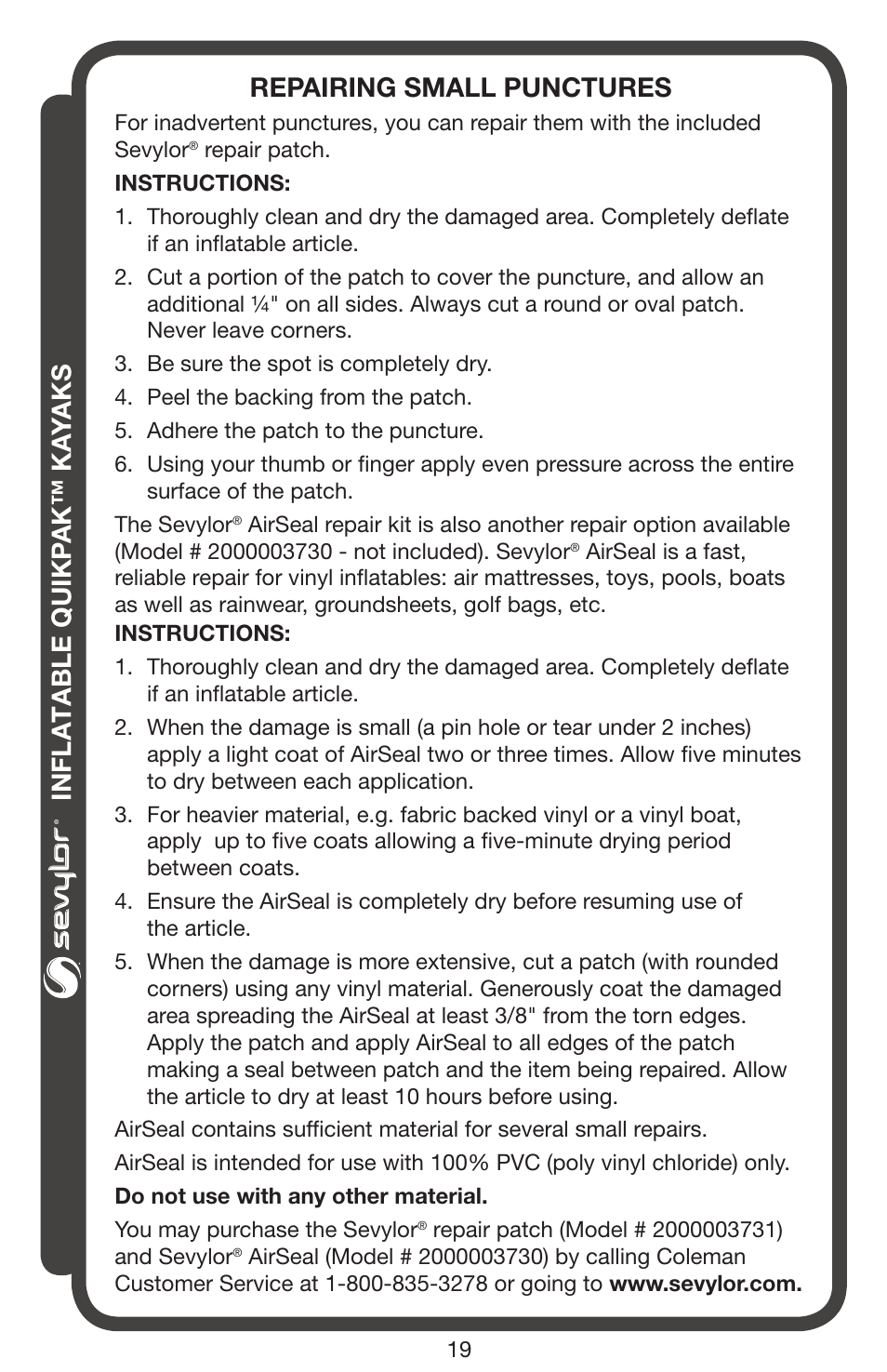 Inflatable quikp ak™ ka yaks, Repairing small punctures | Sevylor QuikPak K5 Kayak User Manual | Page 19 / 24