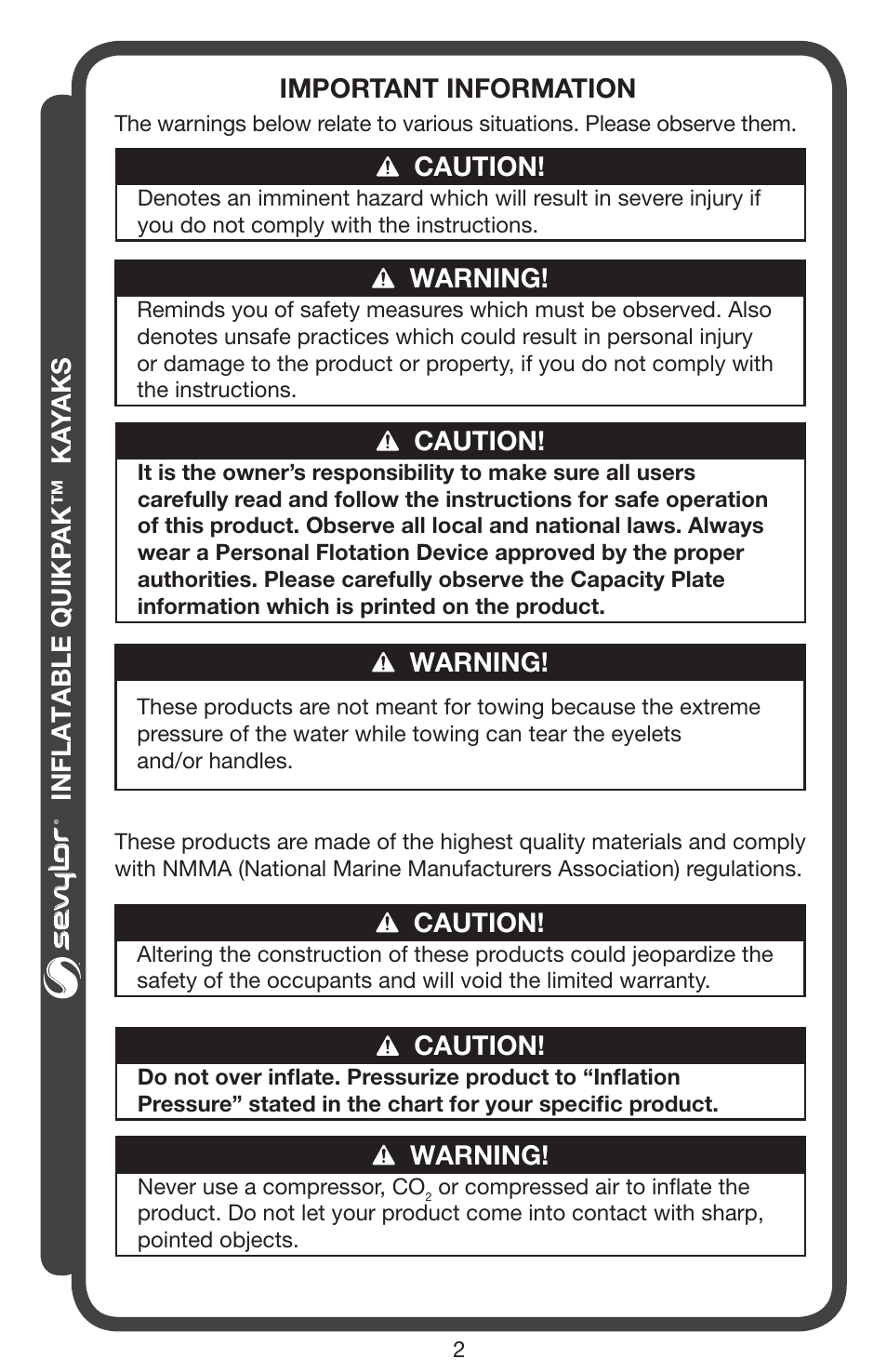 Sevylor QuikPak K5 Kayak User Manual | Page 2 / 24