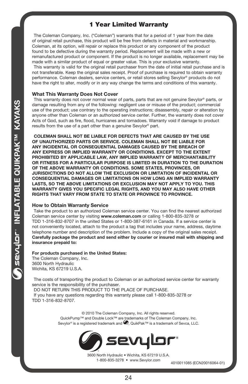 Inflatable quikp ak™ ka yaks, 1 year limited warranty | Sevylor QuikPak K5 Kayak User Manual | Page 24 / 24