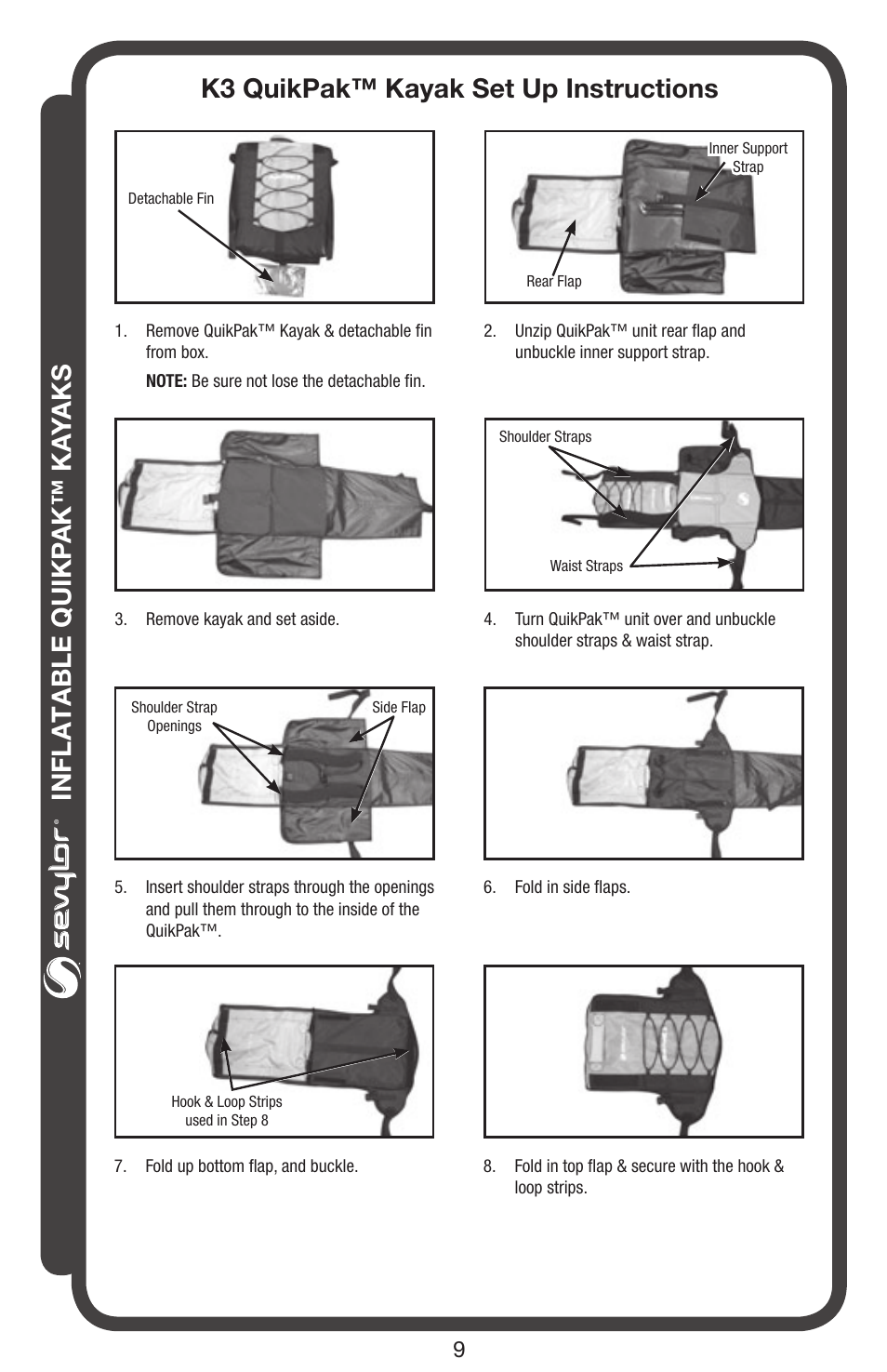 Inflatable quikp ak™ ka yaks, K3 quikpak™ kayak set up instructions | Sevylor QuikPak K5 Kayak User Manual | Page 9 / 24