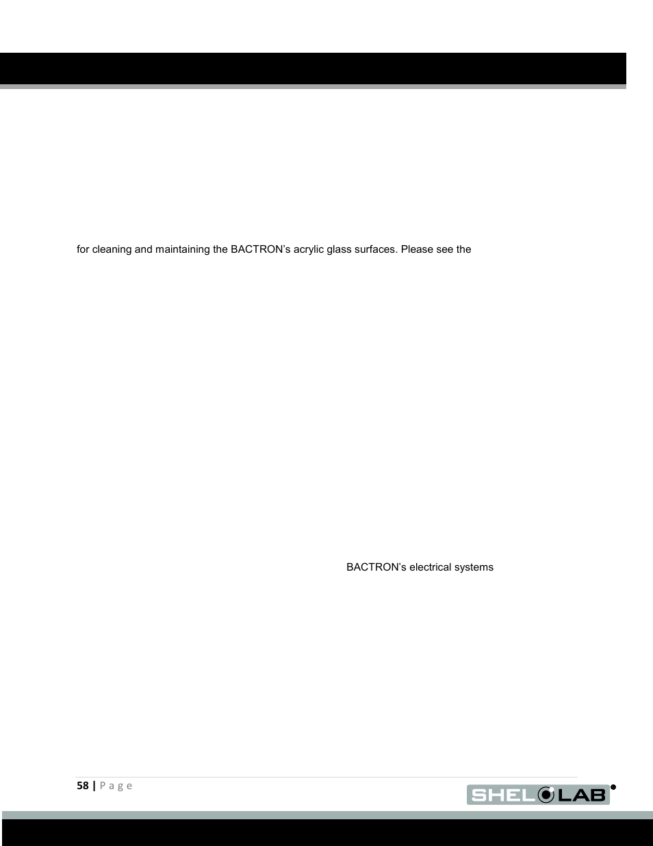 Maintaining the acrylic glass panels, Electrical components, Maintaining the acrylic glass | Panels, E 58, User maintenance (continued) | Shellab BACTRON600 User Manual | Page 58 / 70