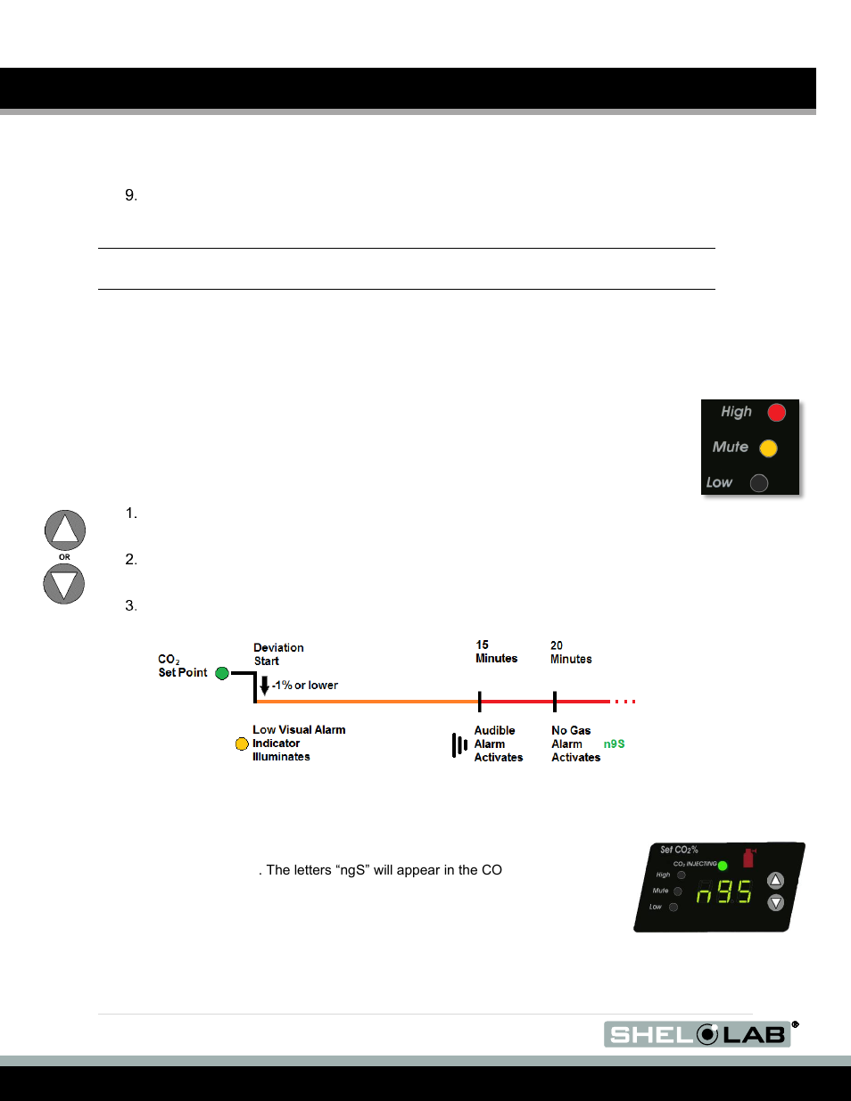 Muting the audible co, Alarm, No gas supply alarm (ngs) | E 32, Muting the audible co2 alarm, Operation (continued), Ngs) | Shellab SCO6AD User Manual | Page 32 / 47