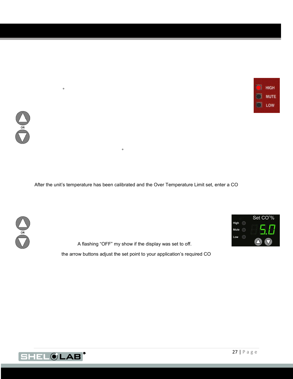 Muting the audible temperature alarm, Set the co, Set point | Set the over temperature limit, Set the co2 set point, E 27, Operation (continued) | Shellab SCO31 User Manual | Page 27 / 40