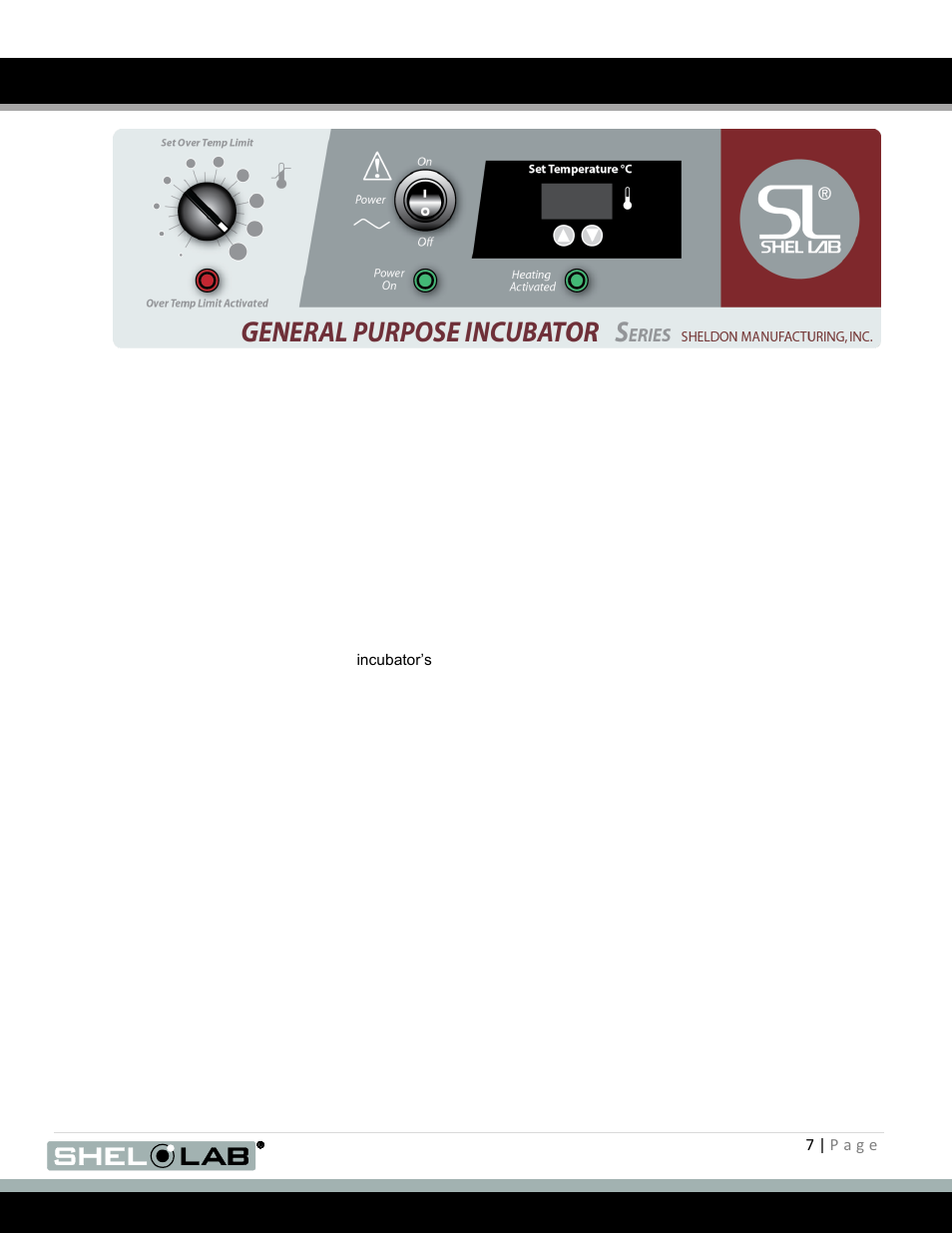 Control panel overview, Power on/off switch, Power on light | Set temperature control, Set over temp limit control, Heating activated light | Shellab SMI12 User Manual | Page 7 / 19