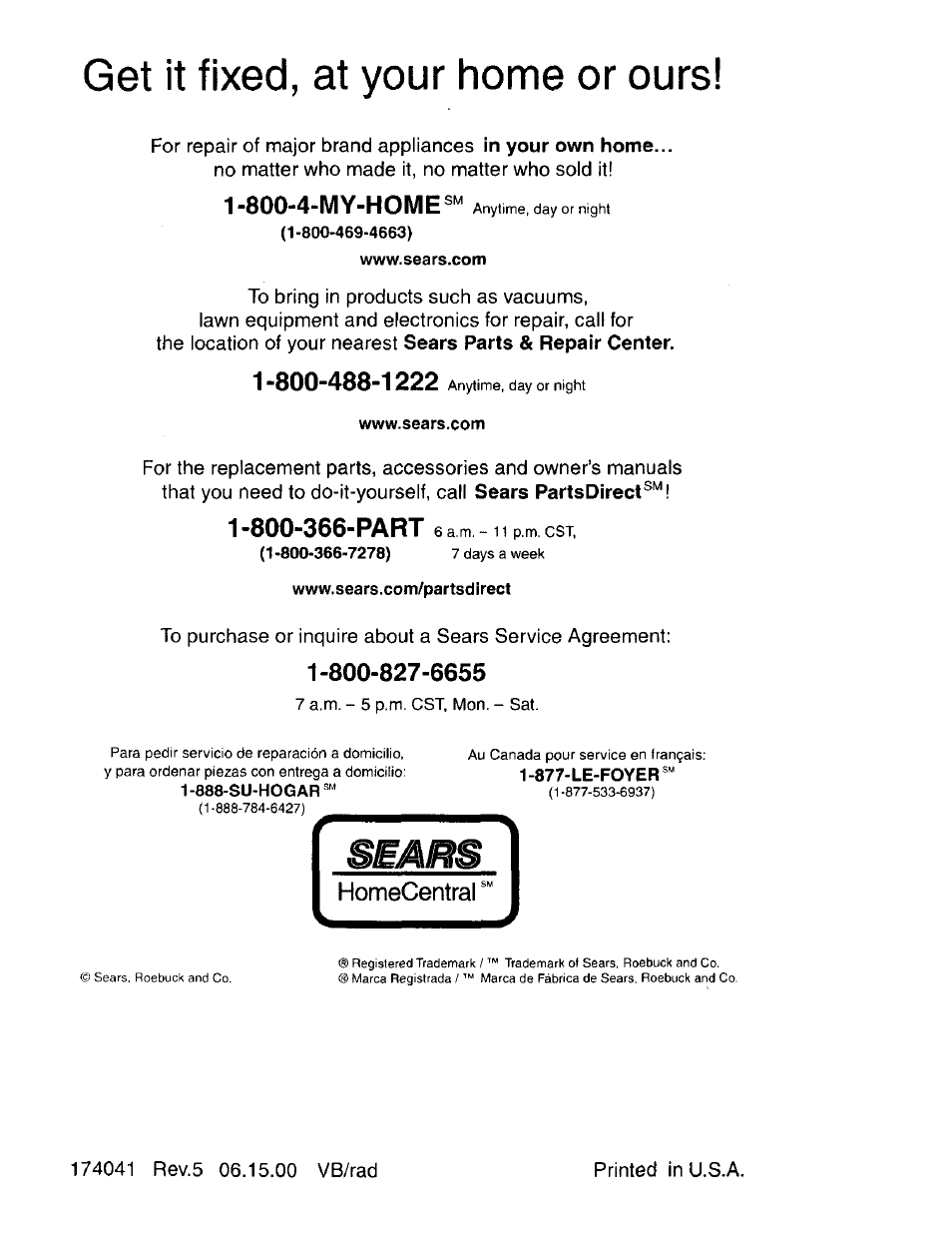 Get it fixed, at your home or ours, 800-4-my-home, Homecentral | Craftsman 917.773420 User Manual | Page 26 / 26