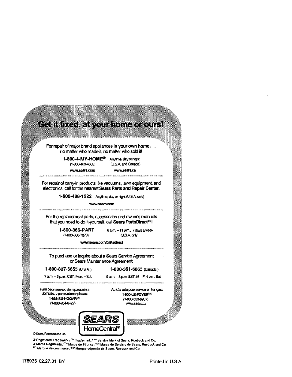 Get it fixed, at your home or ours, Beair, Homecentral | Craftsman 917.388721 User Manual | Page 27 / 27