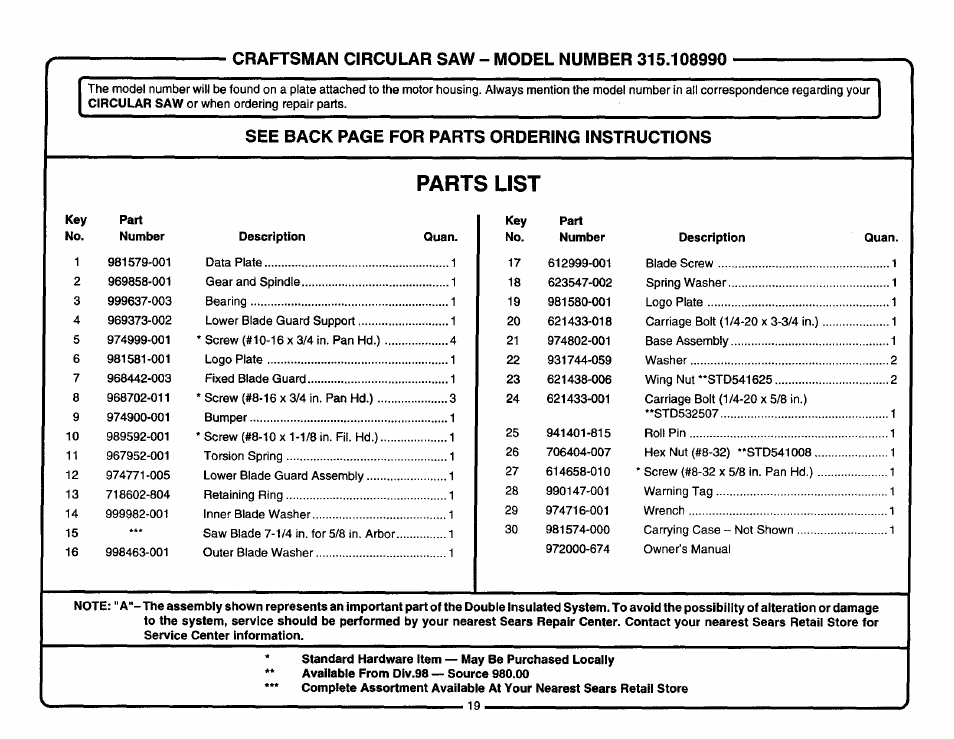 Parts list, See back page for parts ordering instructions | Craftsman 315.108990 User Manual | Page 19 / 20