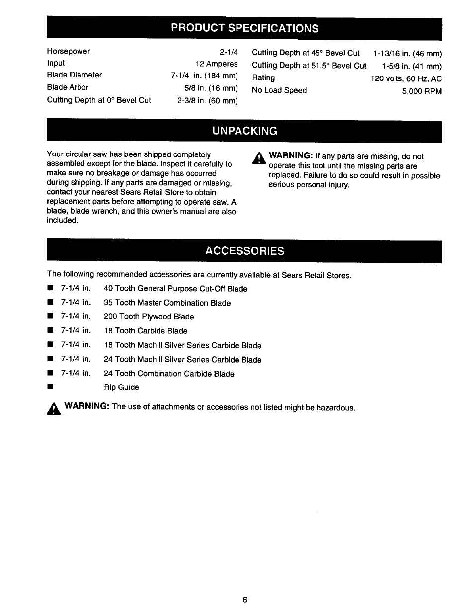 Product specifications, Unpacking, Accessories | Craftsman 315.108990 User Manual | Page 6 / 20