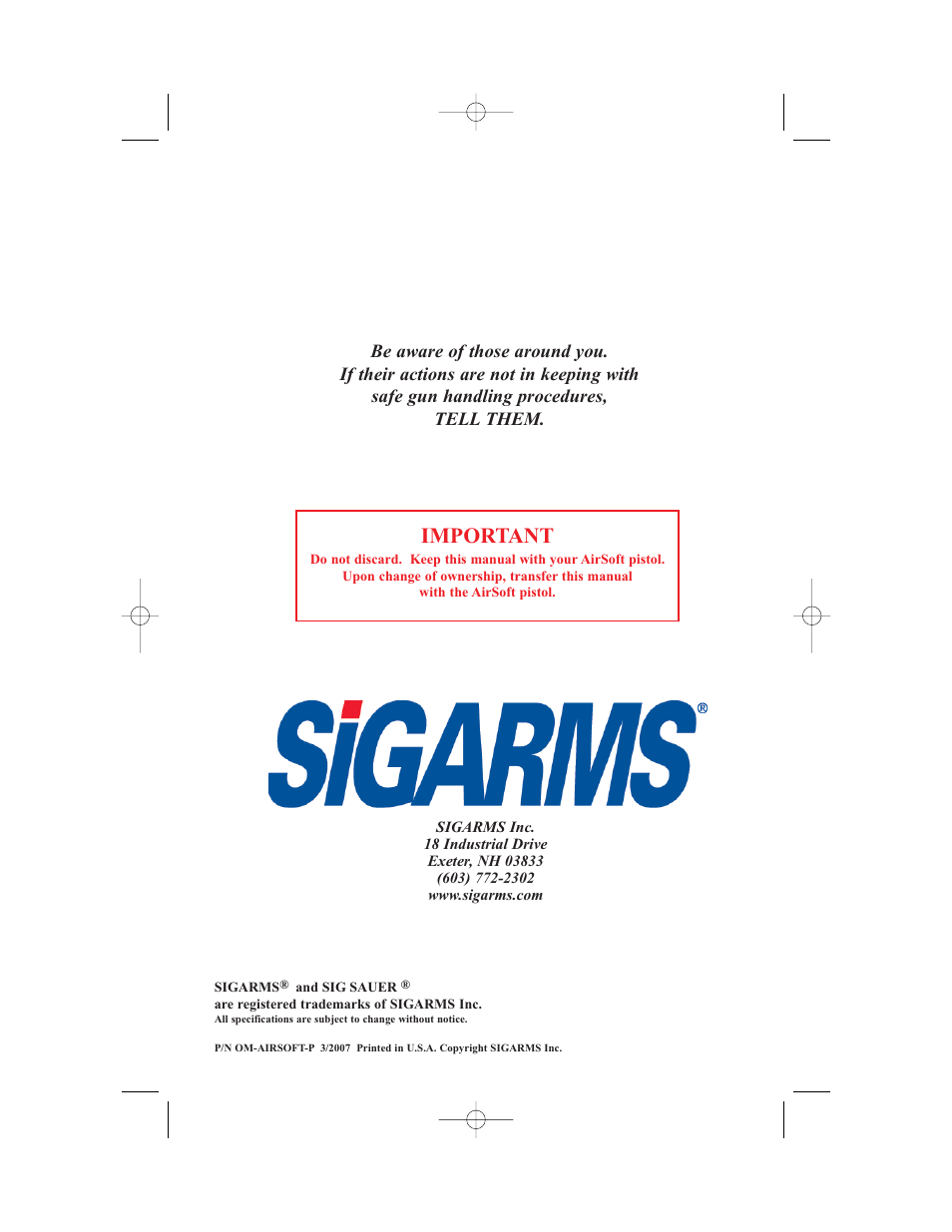 Important | SIG SAUER AIRSOFT PISTOL (Handling & Safety) User Manual | Page 20 / 20