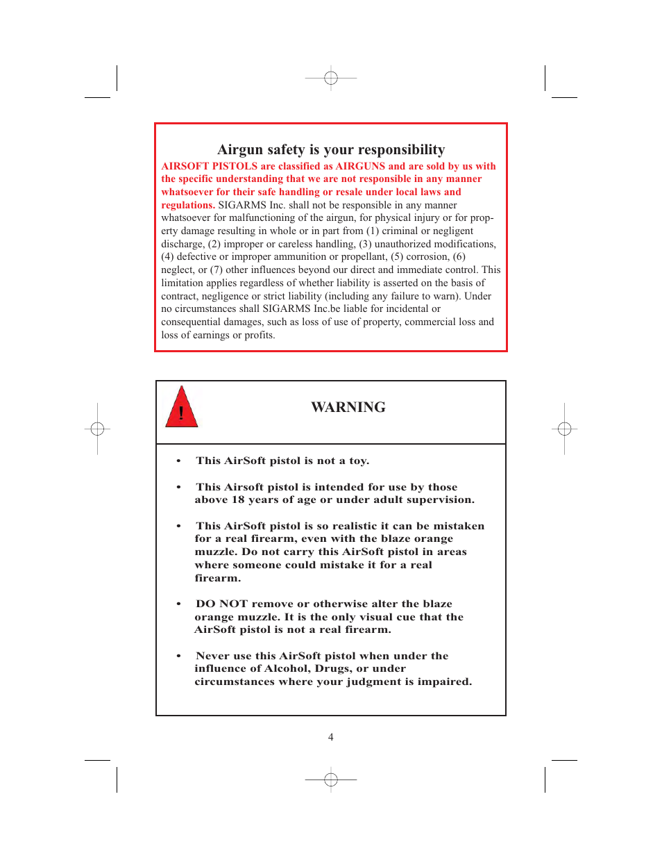 Warning airgun safety is your responsibility | SIG SAUER AIRSOFT PISTOL (Handling & Safety) User Manual | Page 6 / 20