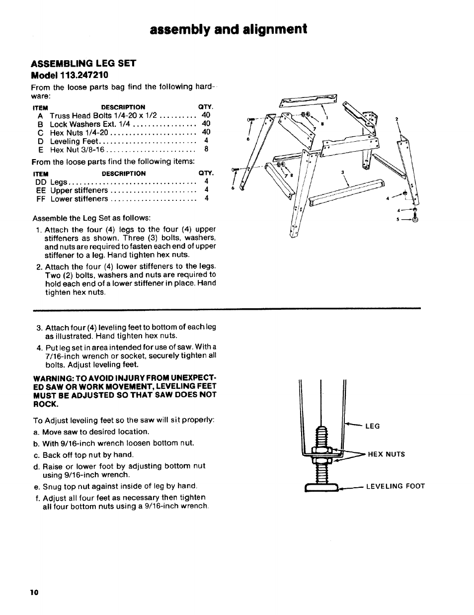 Assembling leg set model 113.247210, Assembling leg set (model 113.247210), Assembly and alignment | Craftsman 113.2472T0 User Manual | Page 10 / 40