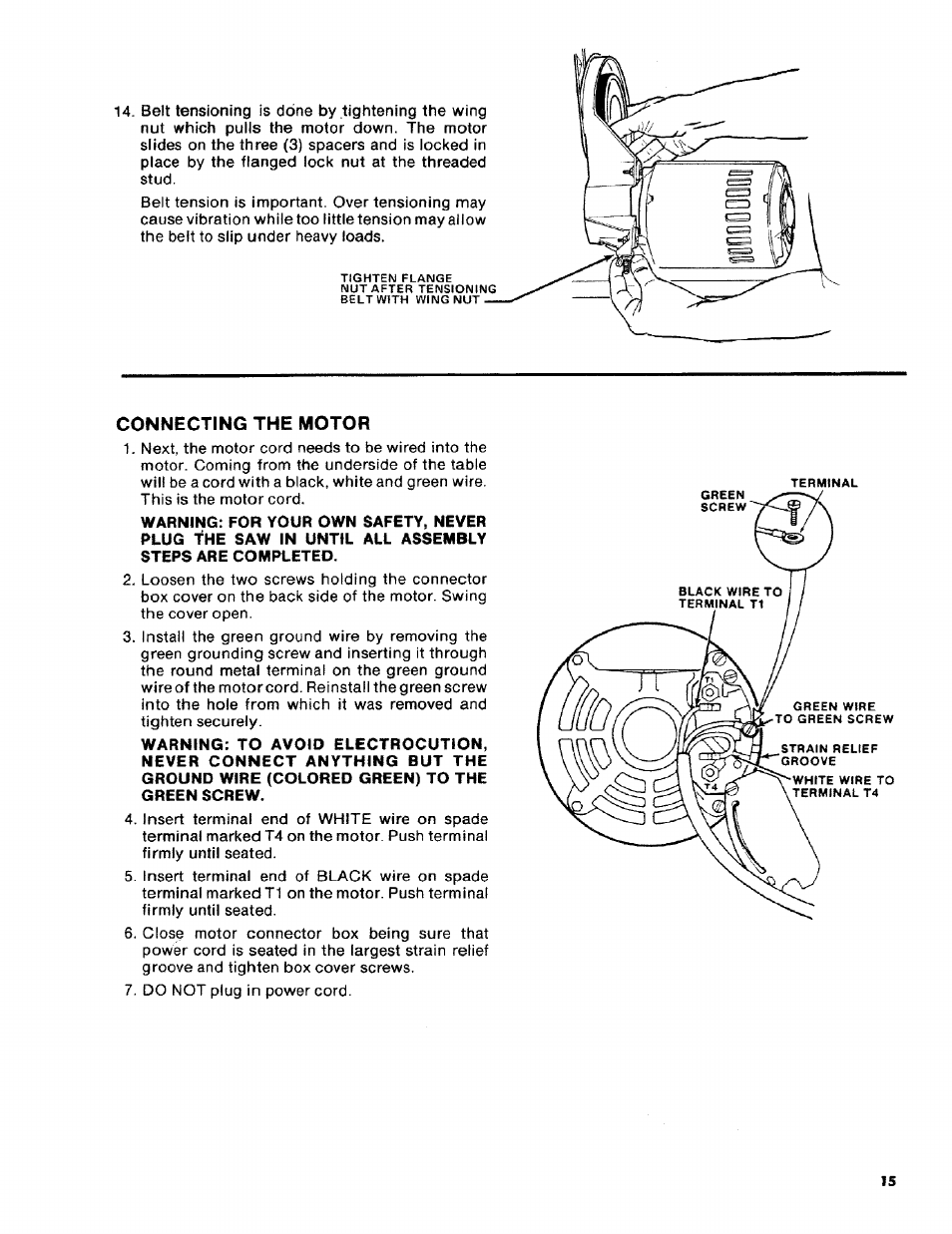 Connecting the motor | Craftsman 113.2472T0 User Manual | Page 15 / 40