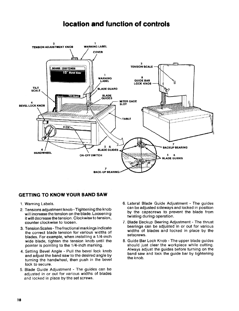 Location and function of controls, Getting to know your band saw | Craftsman 113.2472T0 User Manual | Page 18 / 40