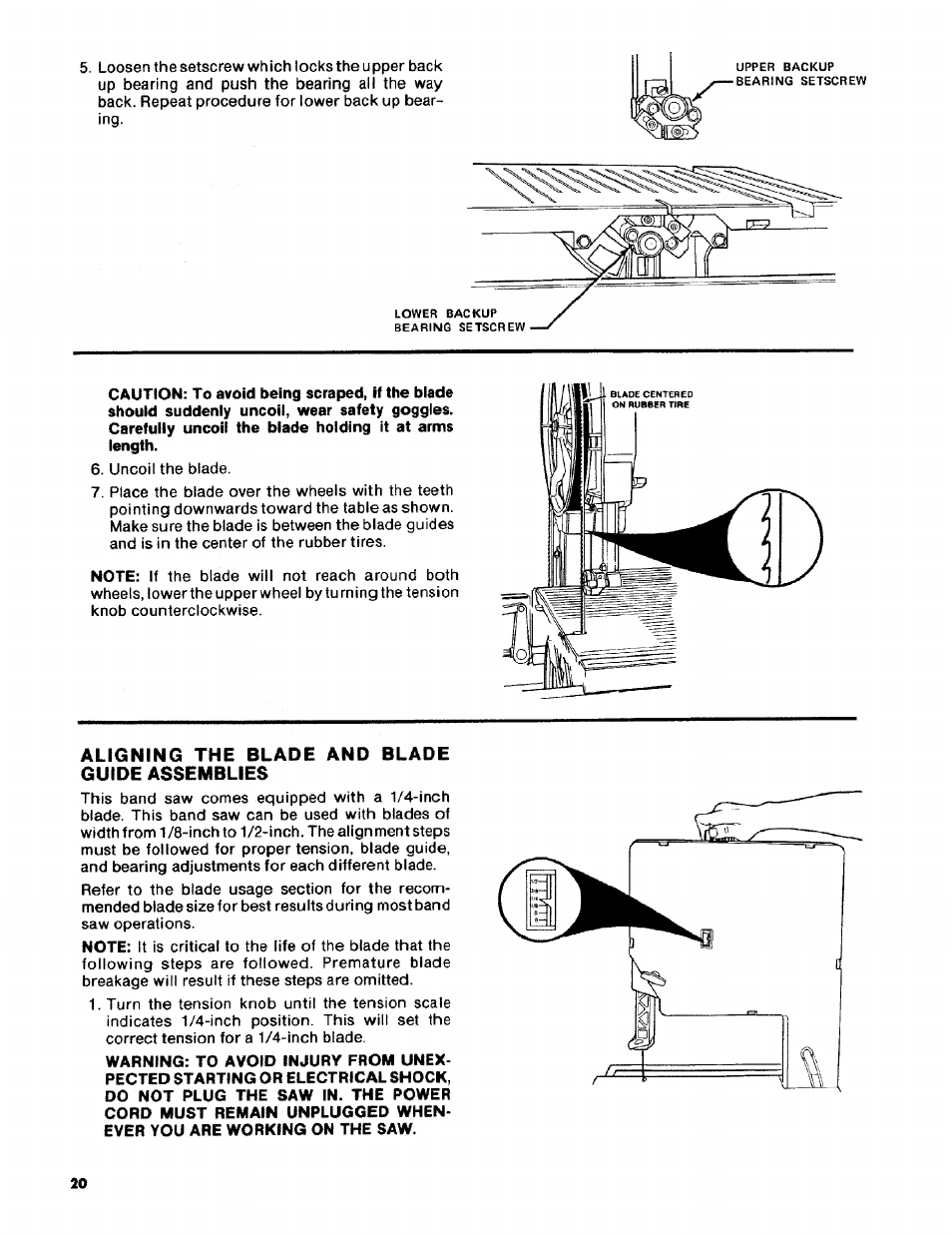 Aligning the blade and blade guide assemblies, Aligning the blade and blade guide | Craftsman 113.2472T0 User Manual | Page 20 / 40