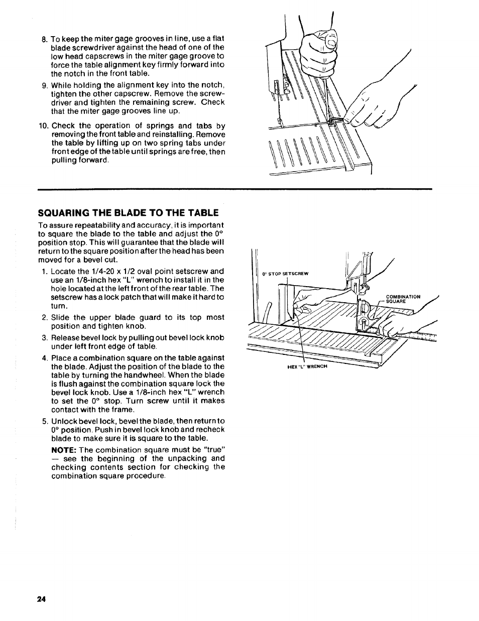 Squaring the blade to the table | Craftsman 113.2472T0 User Manual | Page 24 / 40