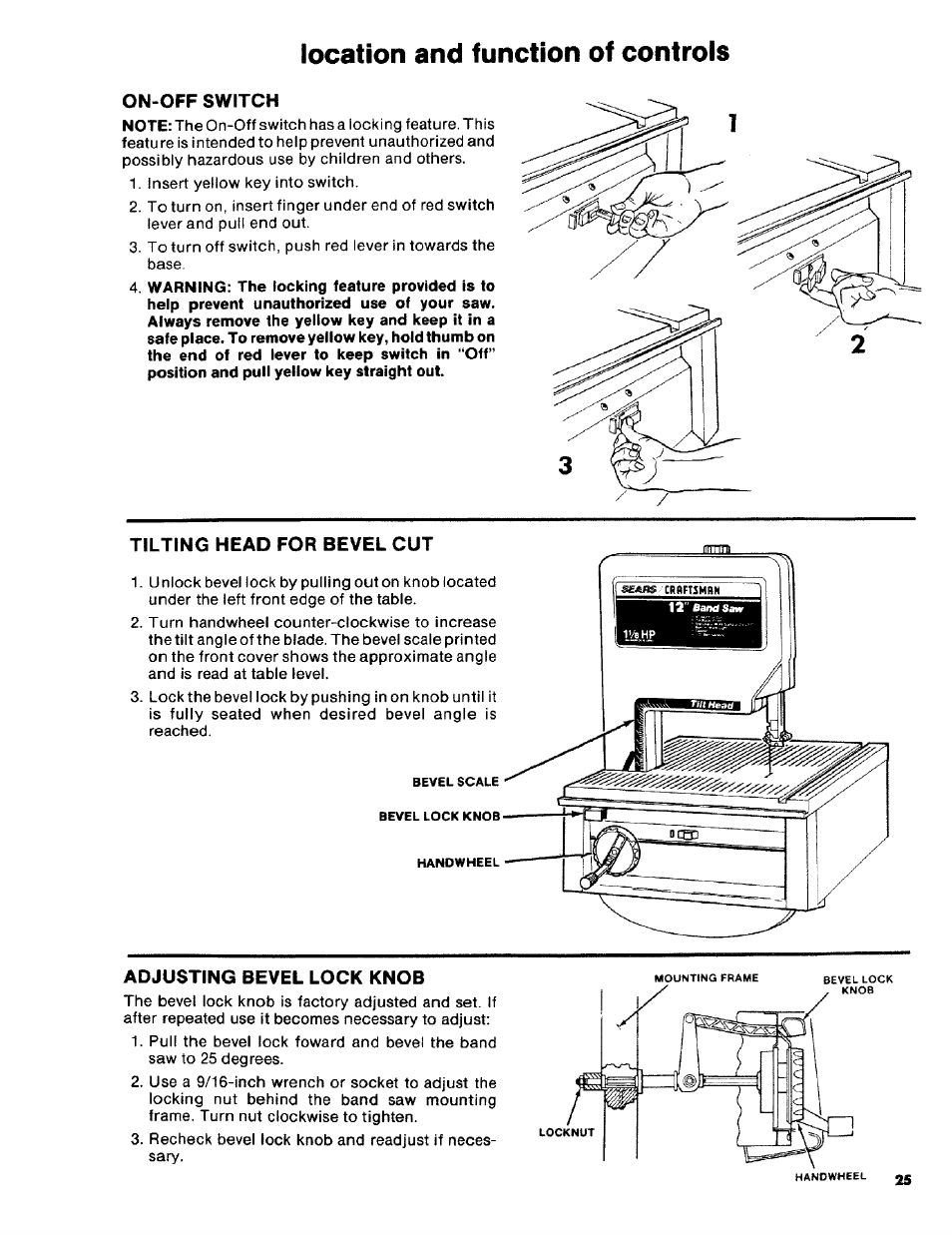 Location and function of controls, On-off switch, Tilting head for bevel cut | Adjusting bevel lock knob | Craftsman 113.2472T0 User Manual | Page 25 / 40