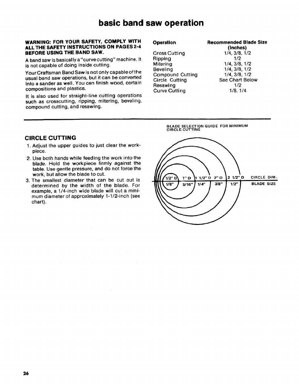 Basic band saw operation, Circle cutting | Craftsman 113.2472T0 User Manual | Page 26 / 40