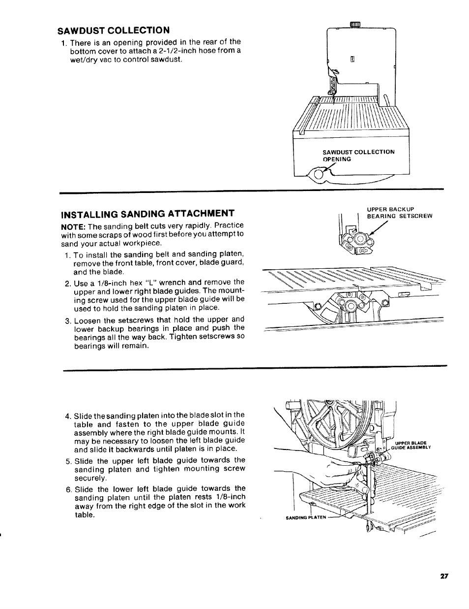Sawdust collection, Installing sanding attachment, Sawdust collection installing sanding attachment | Craftsman 113.2472T0 User Manual | Page 27 / 40
