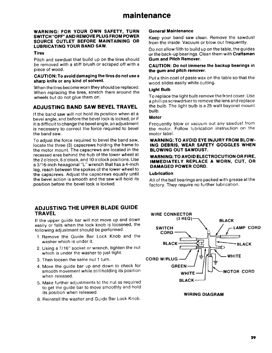 Maintenance, Tires, Adjusting band saw bevel travel | General maintenance, Lubrication, Adjusting the upper blade guide travel | Craftsman 113.2472T0 User Manual | Page 29 / 40
