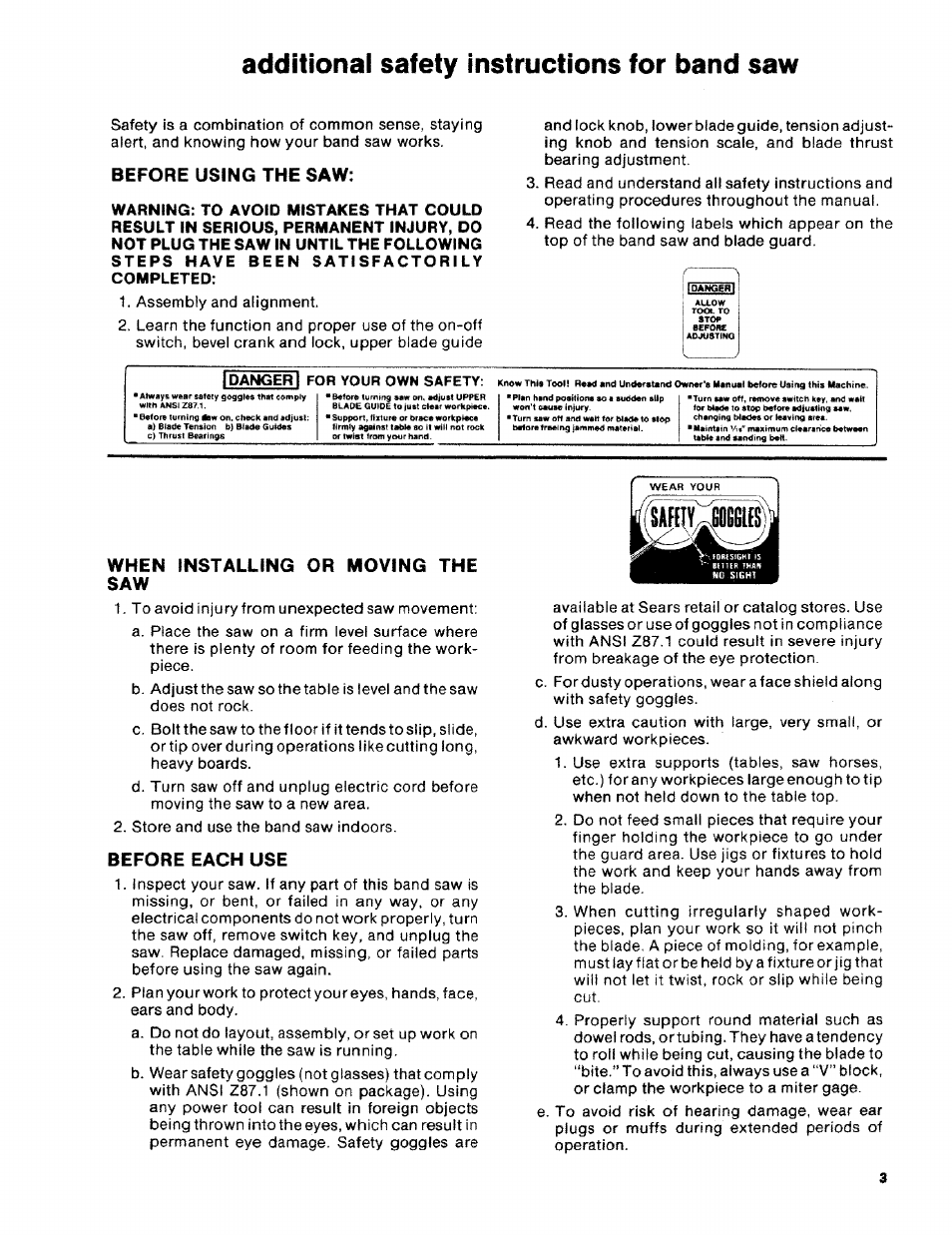 Additional safety instructions for band saw, Before using the saw, When installing or moving the saw | Before each use | Craftsman 113.2472T0 User Manual | Page 3 / 40