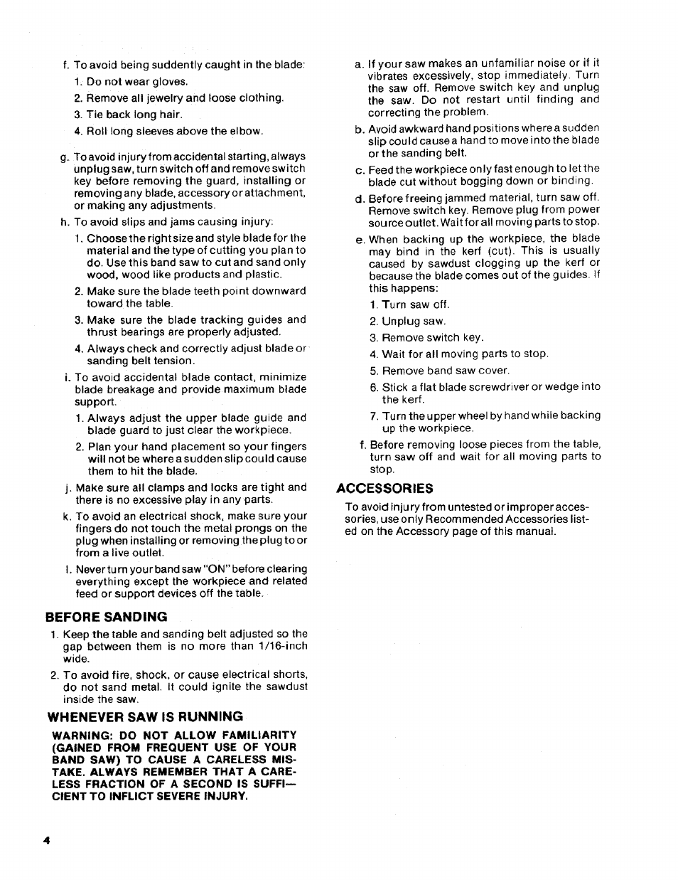 Before sanding, Whenever saw is running, Accessories | Craftsman 113.2472T0 User Manual | Page 4 / 40