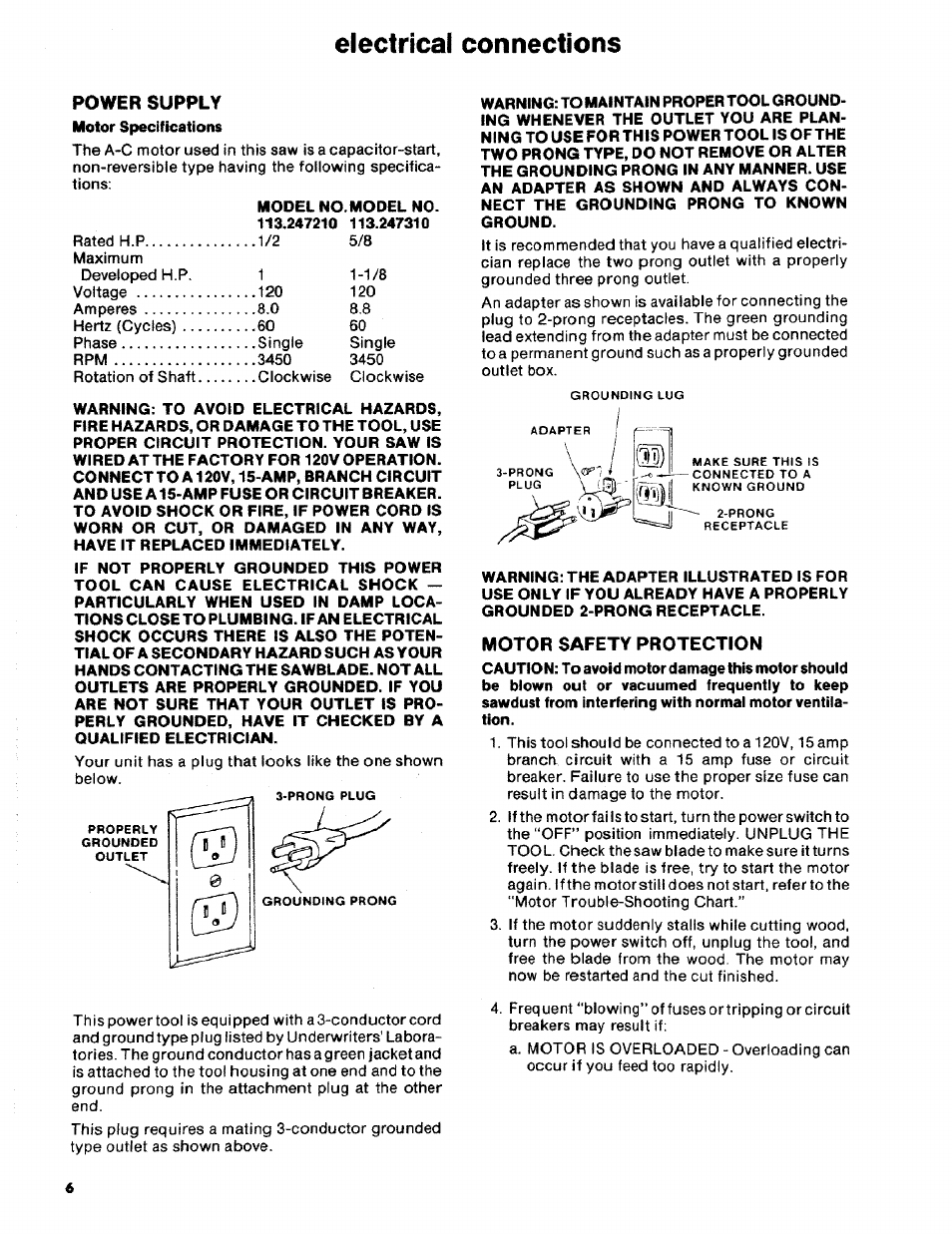 Electrical connections, Power supply, Motor safety protection | Power supply motor safety protection | Craftsman 113.2472T0 User Manual | Page 6 / 40