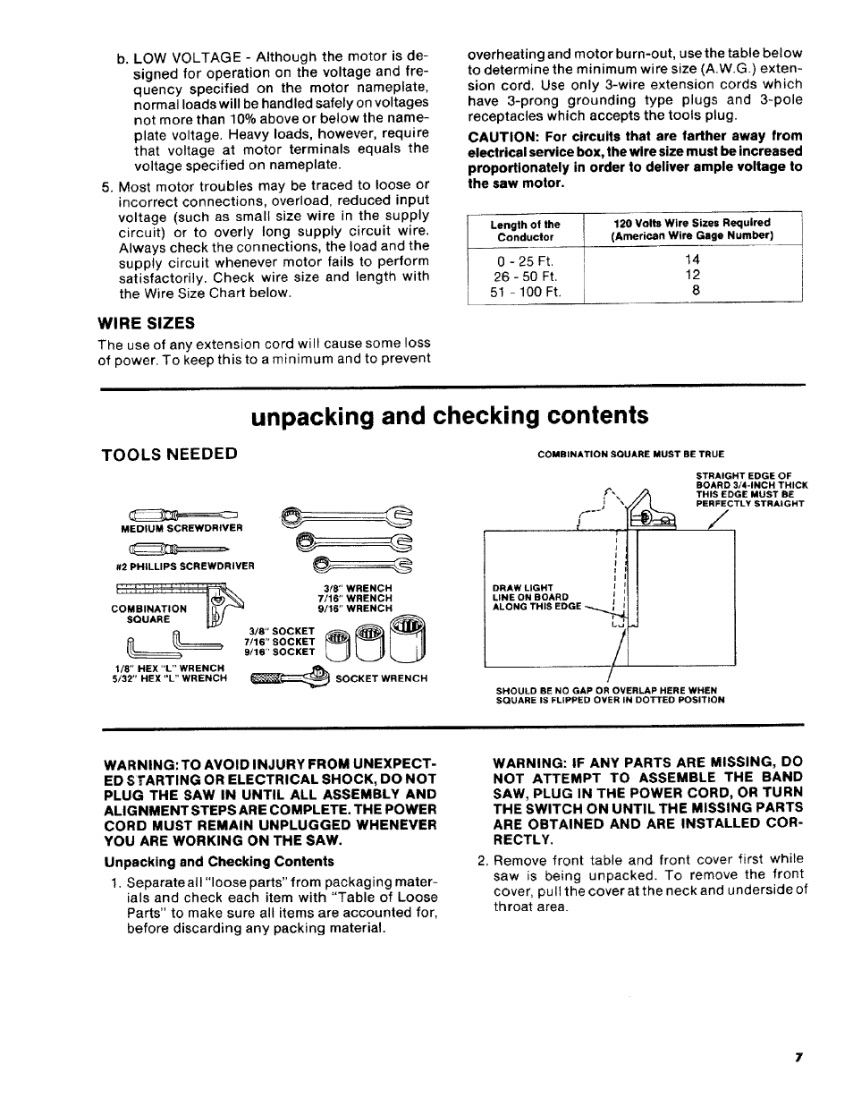 Wire sizes, Unpacking and checking contents, Tools needed | Craftsman 113.2472T0 User Manual | Page 7 / 40