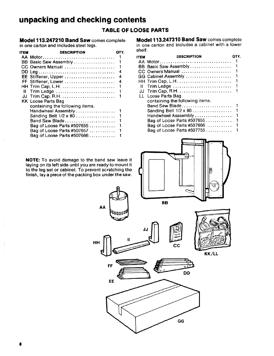 Utipdckifi9 dnd ch6ckiri9 contents, Table of loose parts | Craftsman 113.2472T0 User Manual | Page 8 / 40
