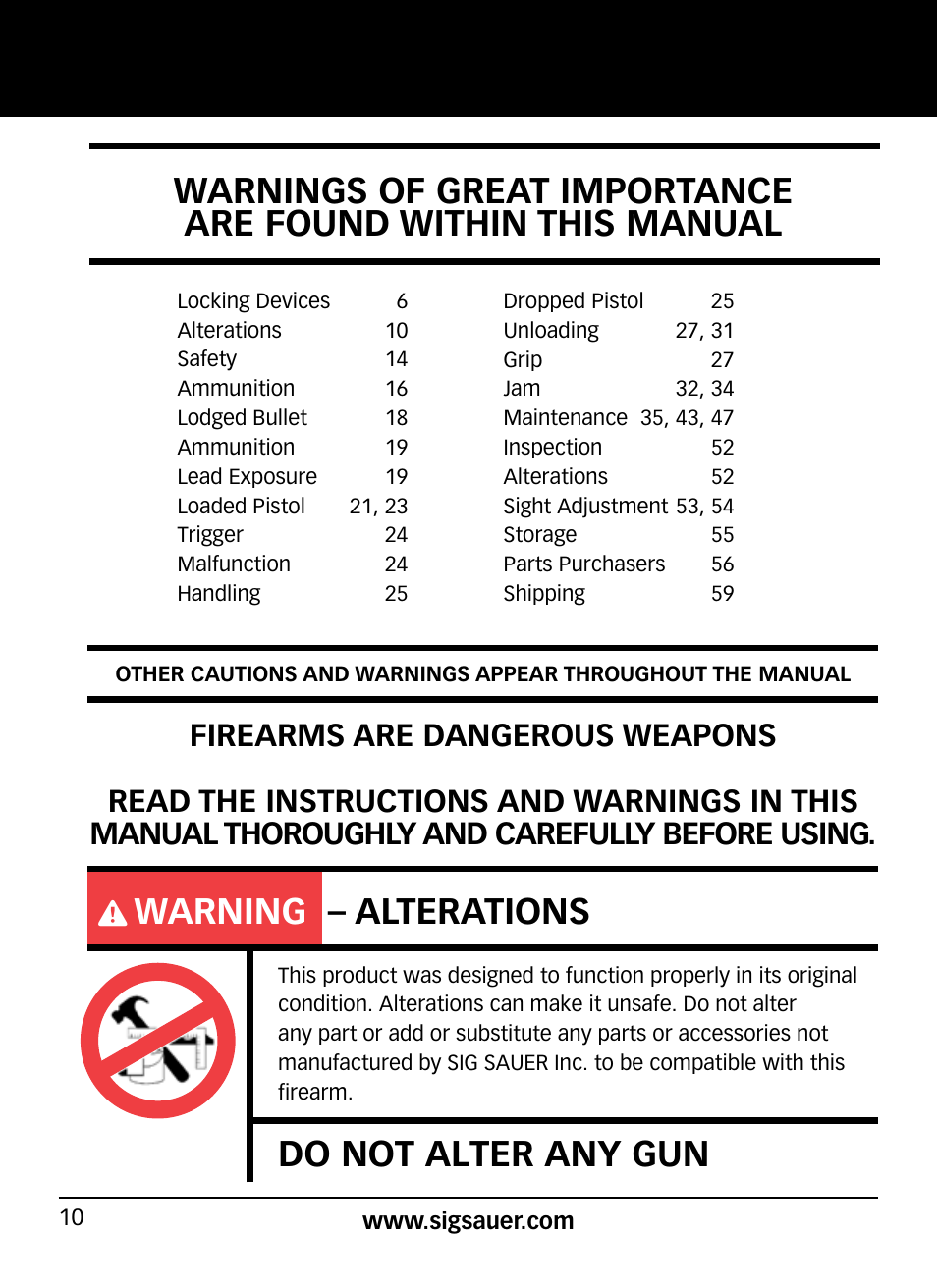 Warning – alterations, Do not alter any gun | SIG SAUER P938P User Manual | Page 10 / 68