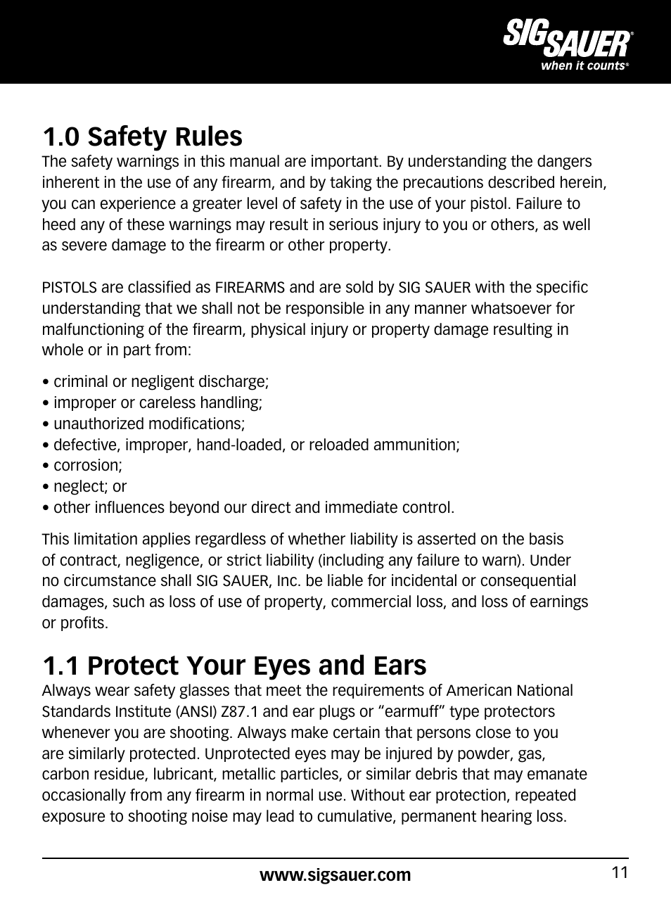 0 safety rules, 1 protect your eyes and ears | SIG SAUER P938P User Manual | Page 11 / 68