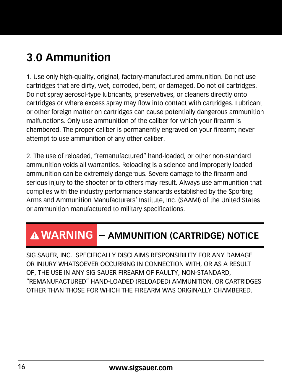 0 ammunition, Warning | SIG SAUER P938P User Manual | Page 16 / 68