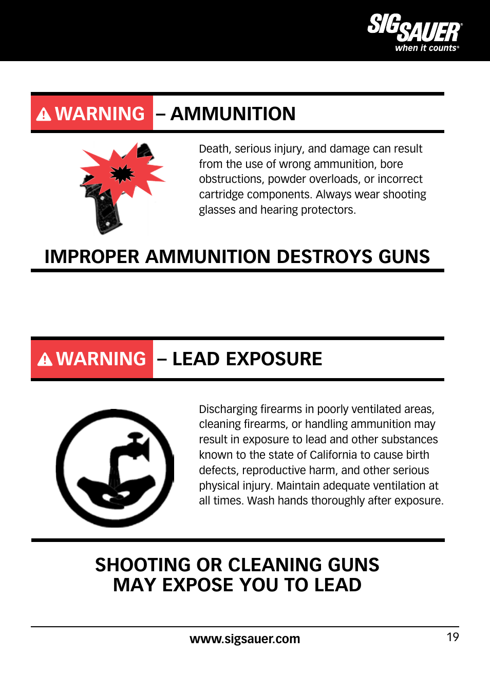 Warning – ammunition, Improper ammunition destroys guns, Warning – lead exposure | Shooting or cleaning guns may expose you to lead | SIG SAUER P938P User Manual | Page 19 / 68