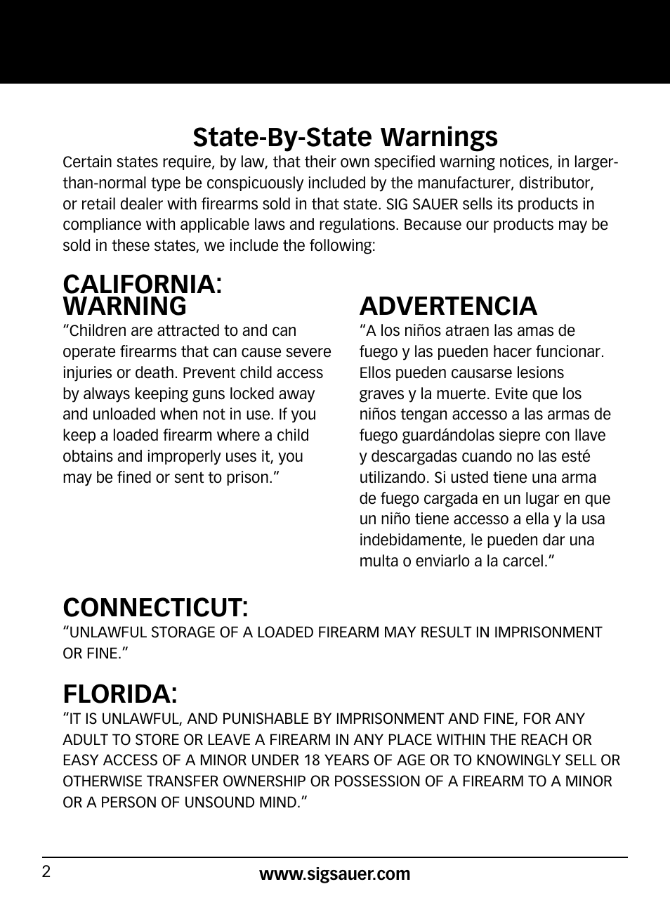 State-by-state warnings, California: connecticut, Florida | Warning, Advertencia | SIG SAUER P938P User Manual | Page 2 / 68