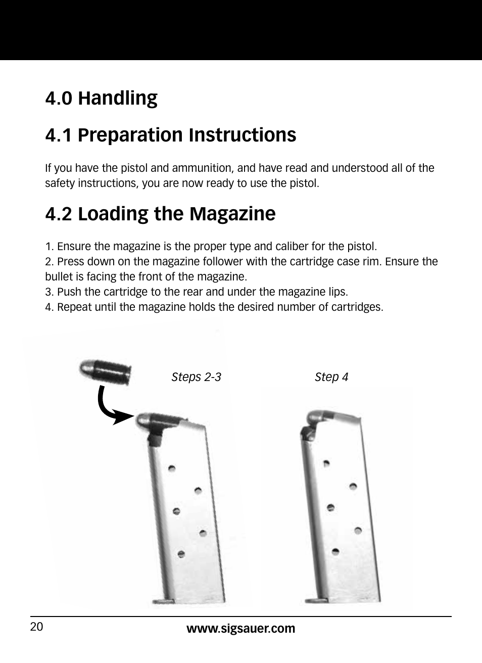 0 handling 4.1 preparation instructions, 2 loading the magazine | SIG SAUER P938P User Manual | Page 20 / 68