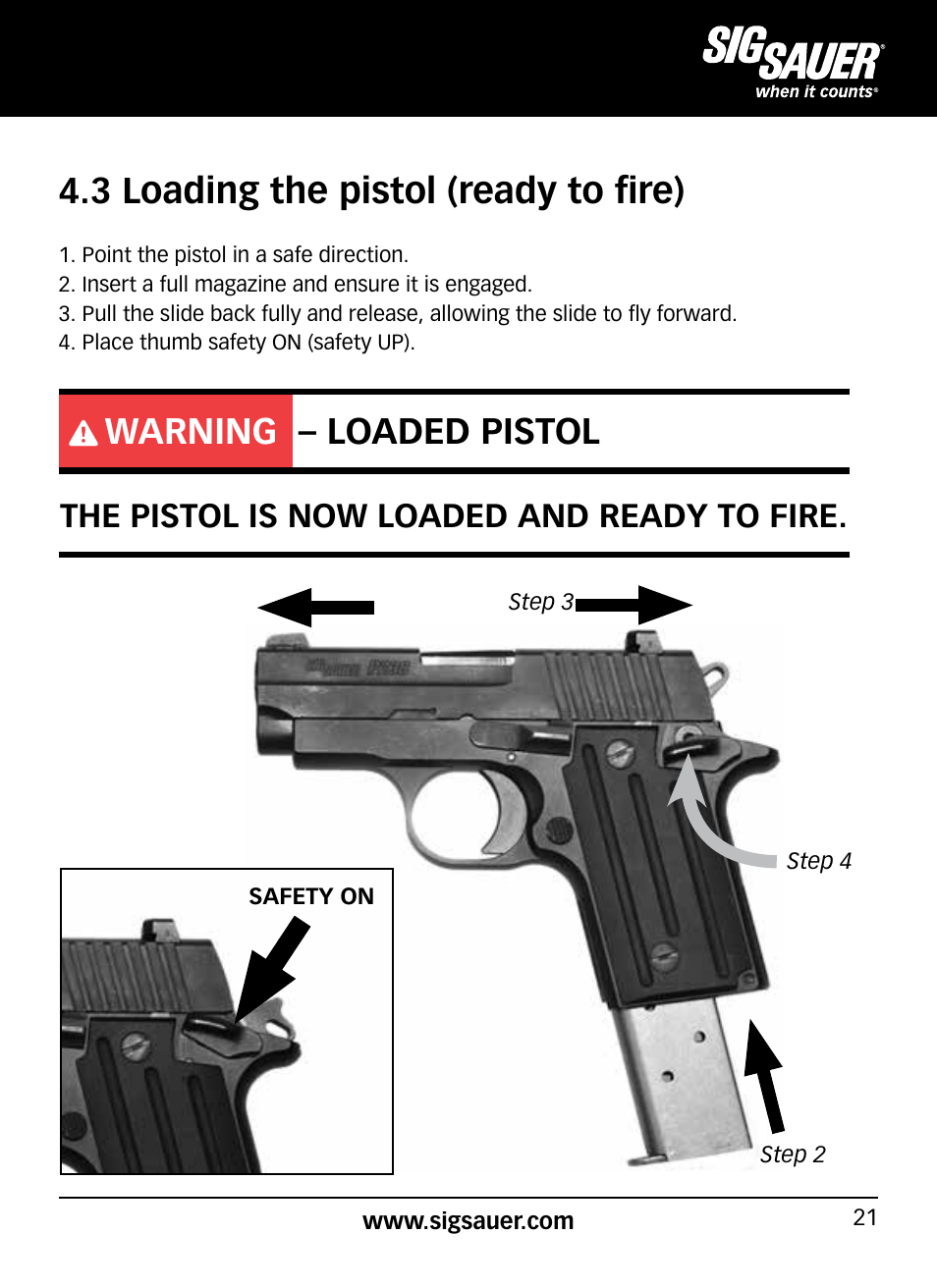 3 loading the pistol (ready to fire), Warning – loaded pistol, The pistol is now loaded and ready to fire | SIG SAUER P938P User Manual | Page 21 / 68