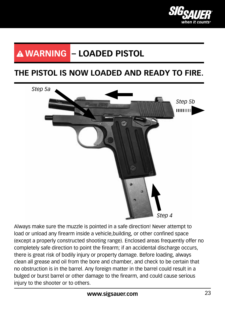 Warning – loaded pistol, The pistol is now loaded and ready to fire | SIG SAUER P938P User Manual | Page 23 / 68