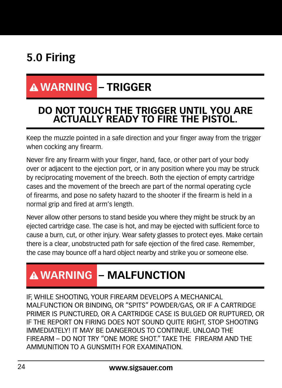 0 firing, Warning – trigger, Warning – malfunction | SIG SAUER P938P User Manual | Page 24 / 68