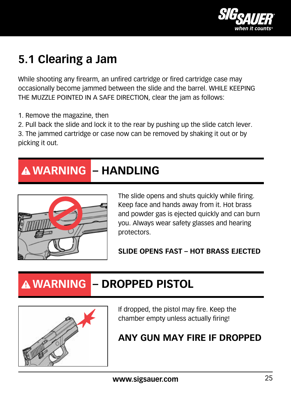 1 clearing a jam, Warning – handling, Warning – dropped pistol | SIG SAUER P938P User Manual | Page 25 / 68