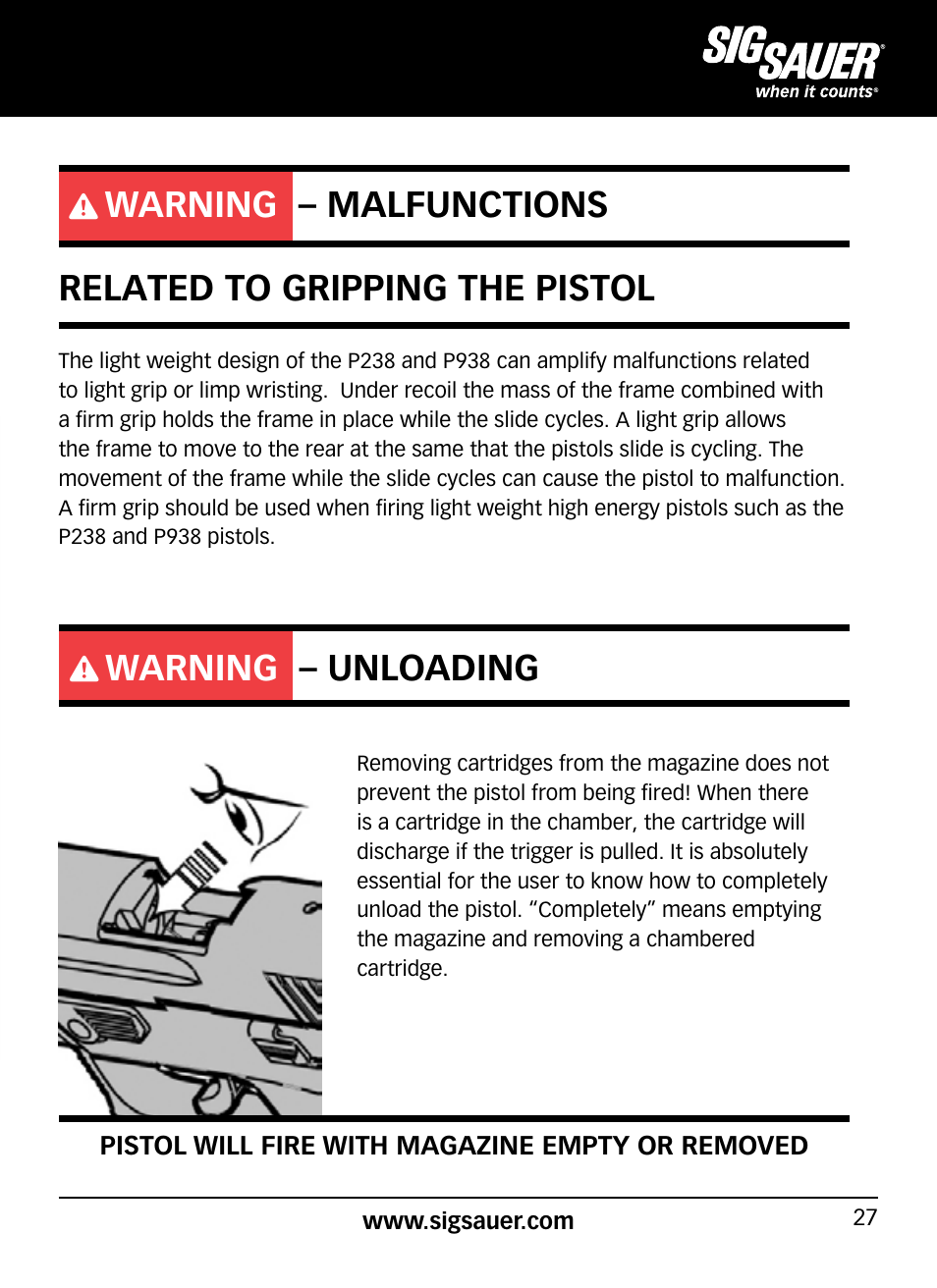 Warning – unloading | SIG SAUER P938P User Manual | Page 27 / 68