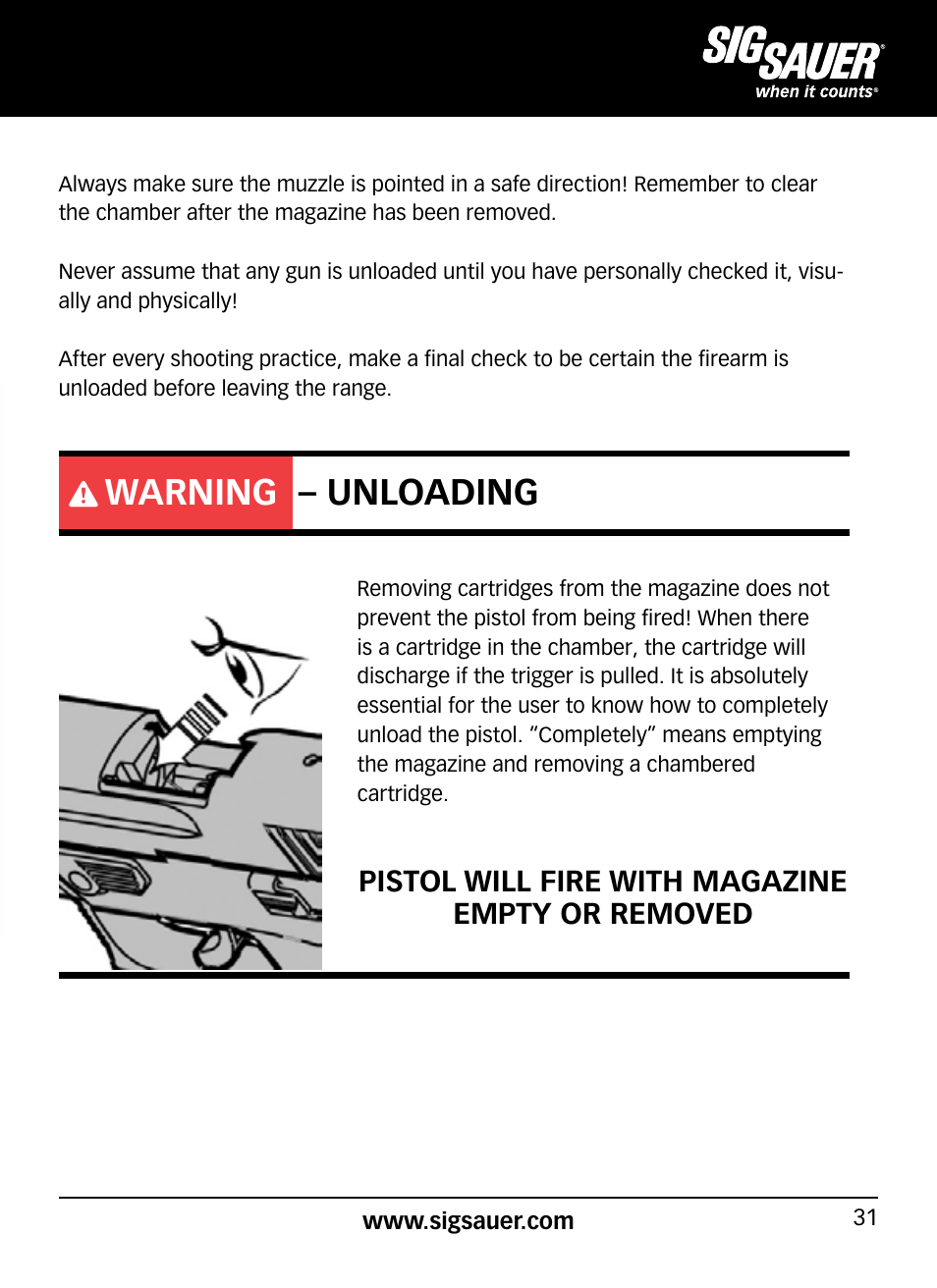 Warning – unloading | SIG SAUER P938P User Manual | Page 31 / 68