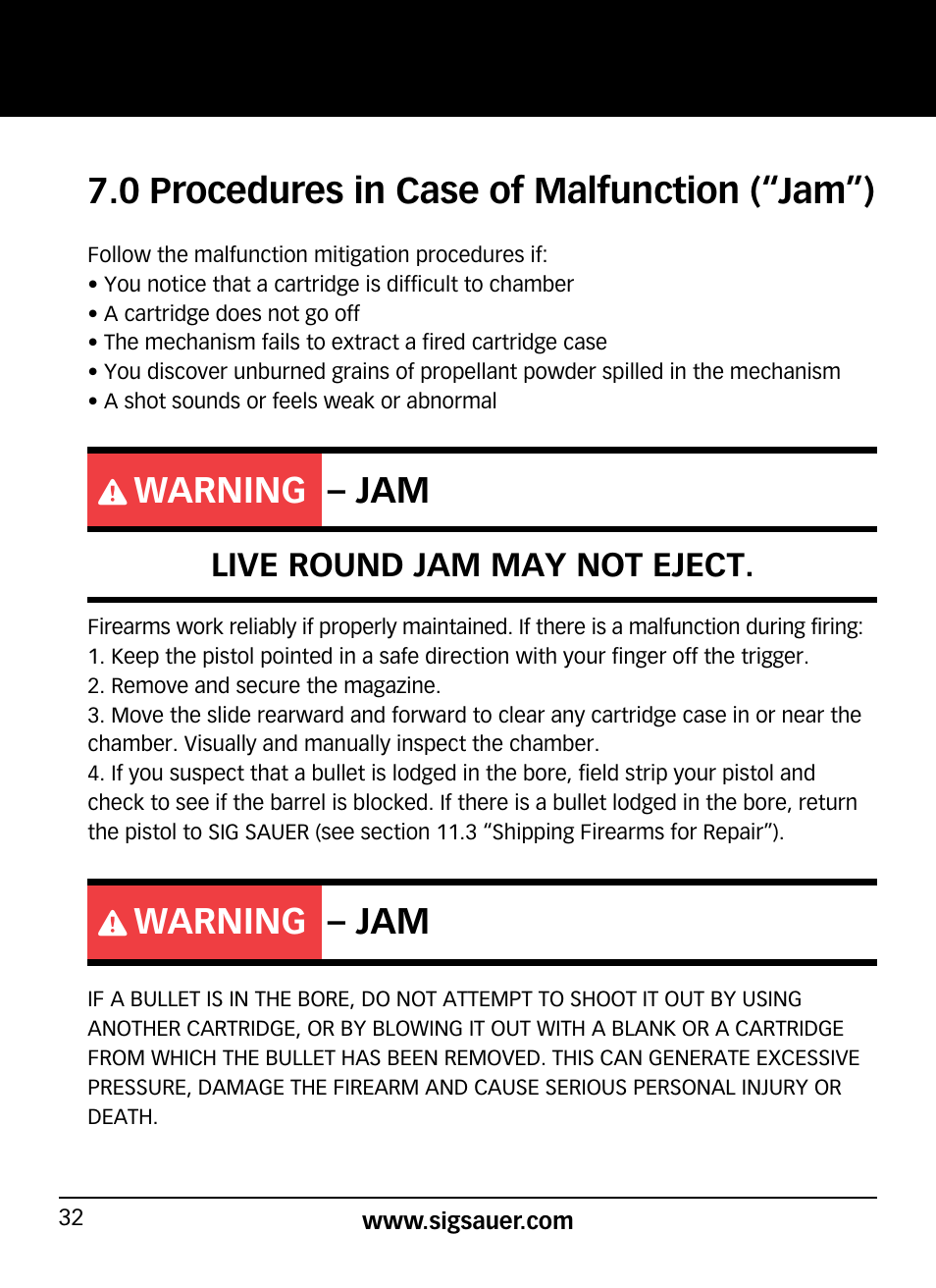 0 procedures in case of malfunction (“jam”), Warning – jam | SIG SAUER P938P User Manual | Page 32 / 68