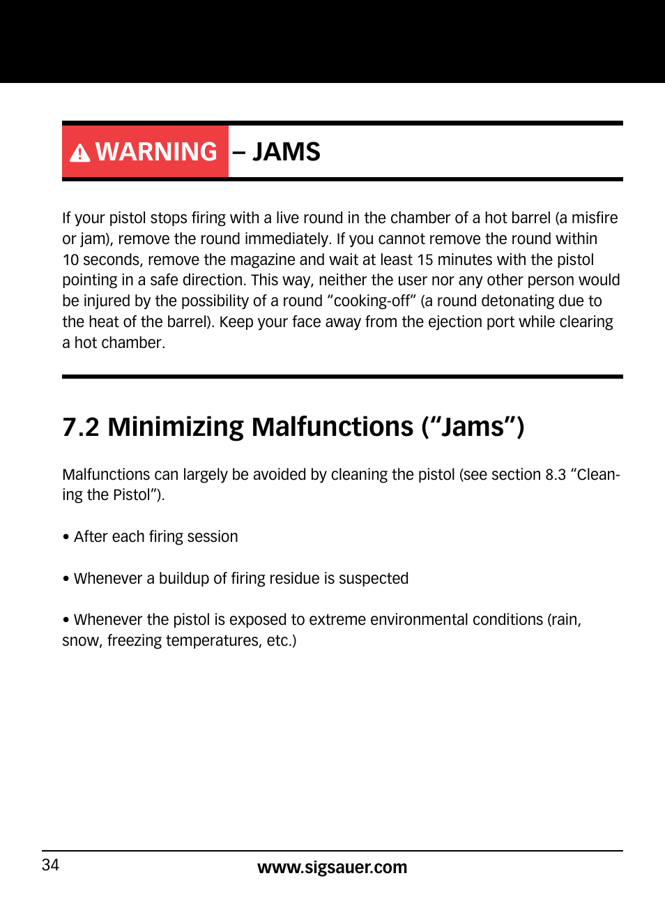 Warning – jams, 2 minimizing malfunctions (“jams”) | SIG SAUER P938P User Manual | Page 34 / 68